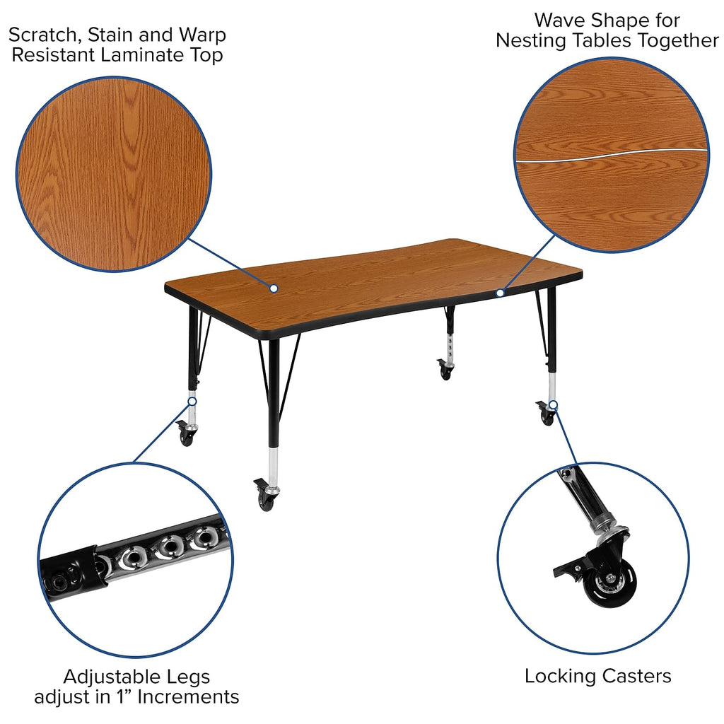 Flash Furniture Mobile 76" Oval Wave Collaborative Laminate Activity Table Set With 14" Student Stack Chairs, Oak/Black