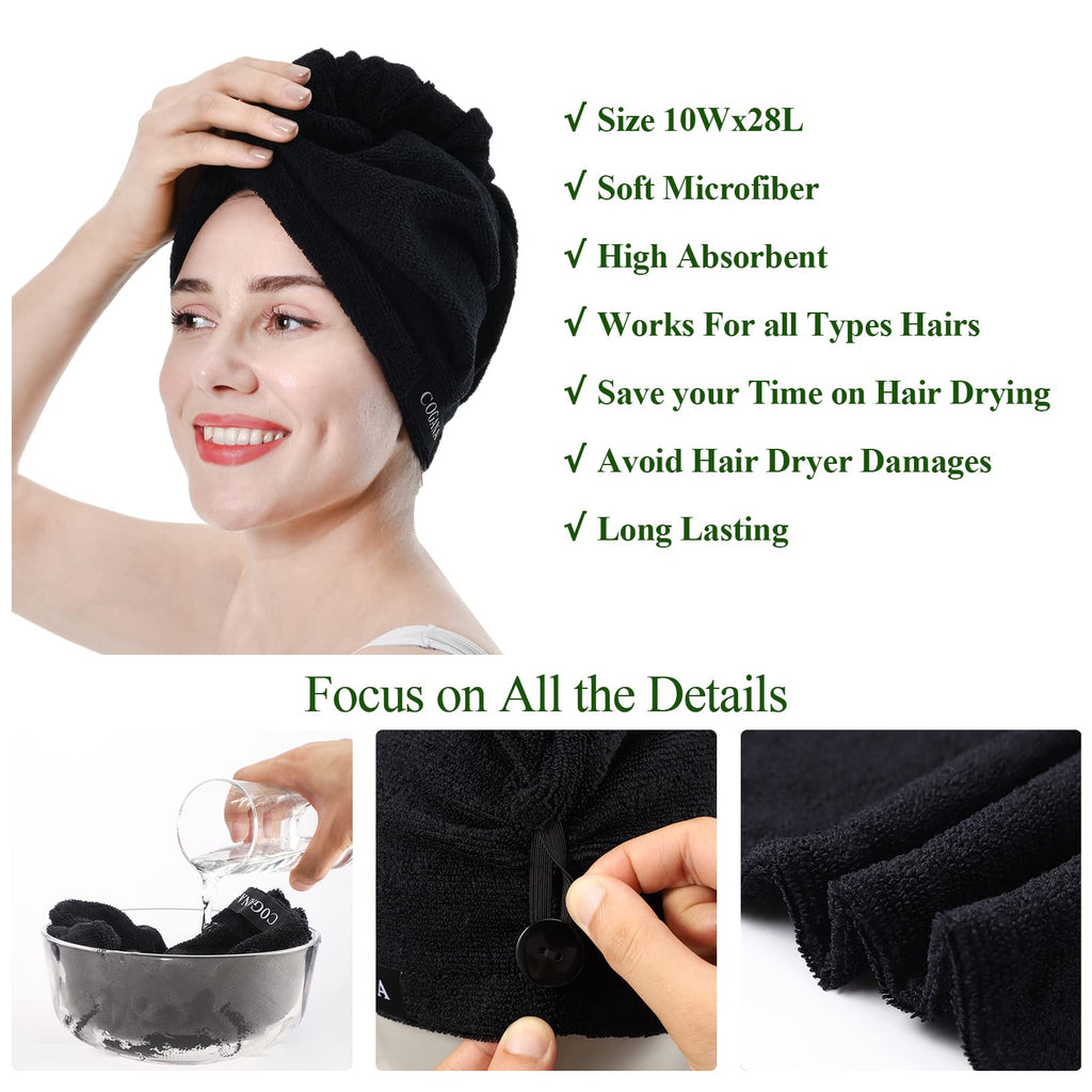 Cogana 3Pack Microfiber Hair Towels, Hair Towel Wrap For Women, Hair Drying Towel With Button, Hair Wrap Towel For Curly Hair, H