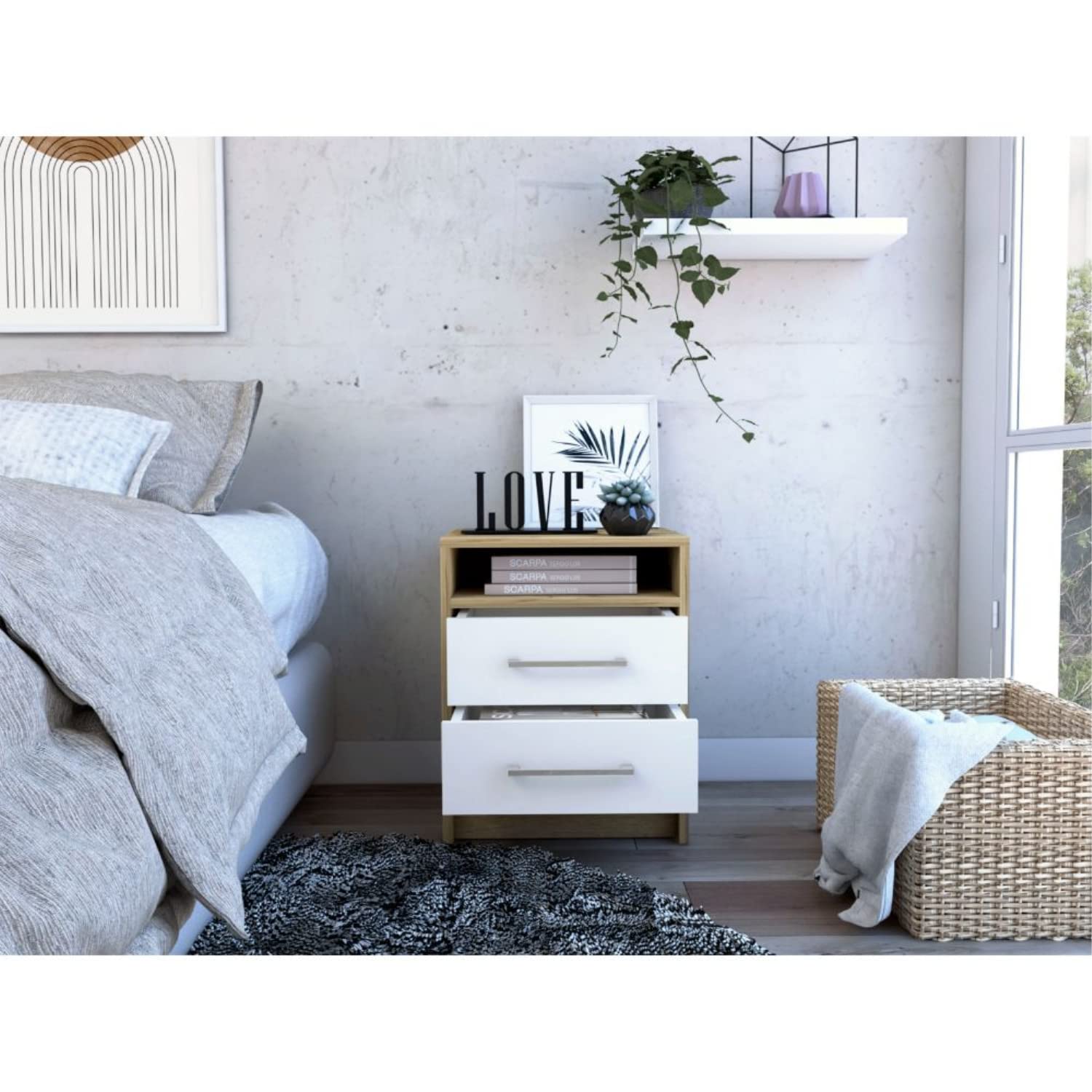 Nightstand 20" H, 2 Drawers, Superior Top, Metal Handles, White/Light Oak