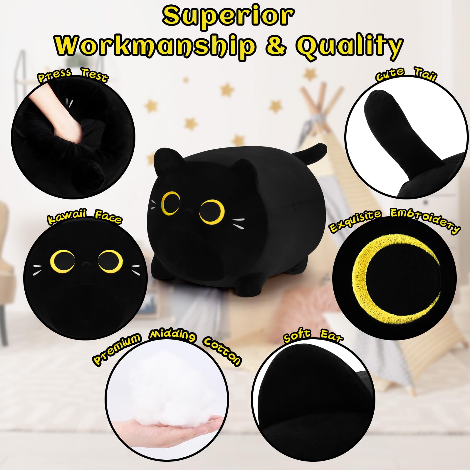 Black Cat Plush Pillows-16' Black Cat Plushies, Gold Eyes Black Cat Plush, Cat Anime Plush Cute Plush Cat Plushie Stuffed Cat S