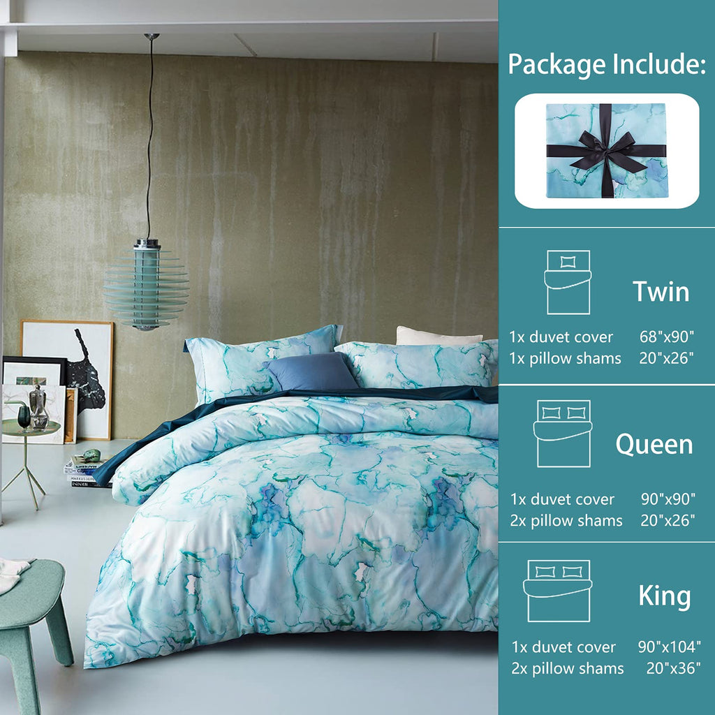 Mildly Duvet Cover Set Queen Size 100% Egyptian Cotton Aqua White Watercolor Marble Pattern Comforter Cover Set Printed Solid Co