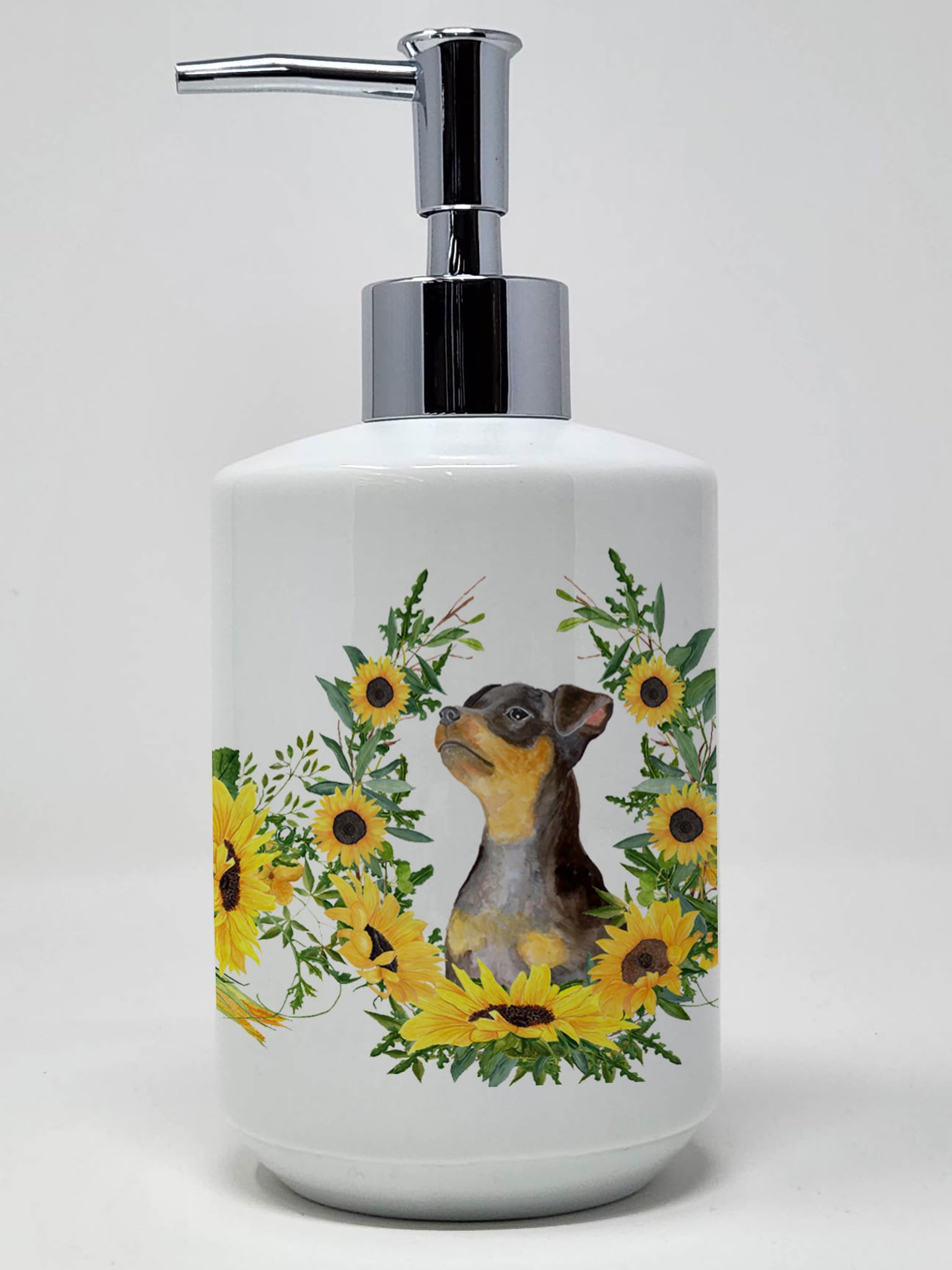 Caroline's Treasures CK2916SOAP Miniature Pinscher #2 in Sunflowers Ceramic Soap Dispenser Hand Soap Dispenser Pump Bottles for 