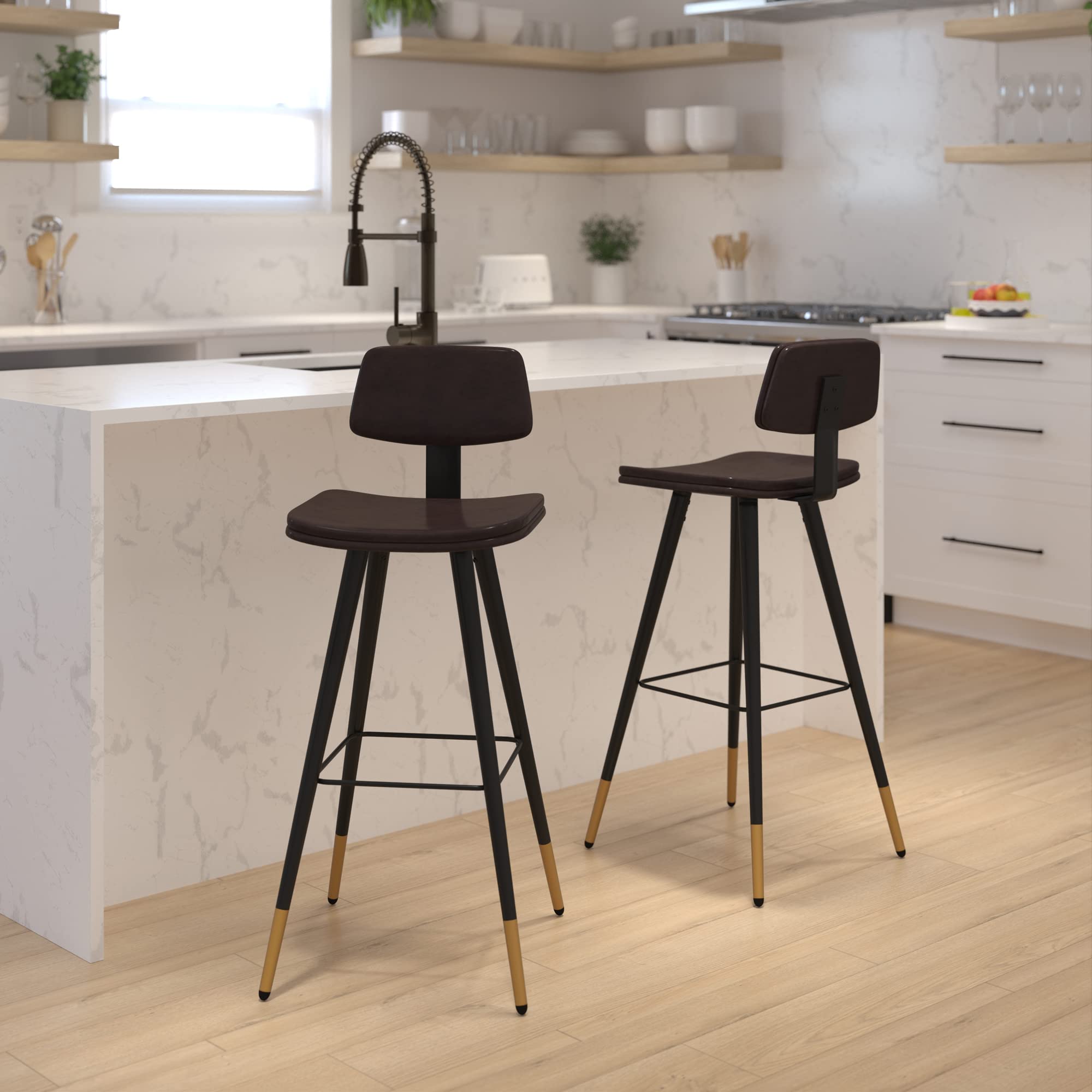 Flash Furniture Kora Commercial Grade Low Back Barstools-Brown LeatherSoft Upholstery-Black Iron Frame-Integrated Footrest-Gold Tipped Legs-Set of 2