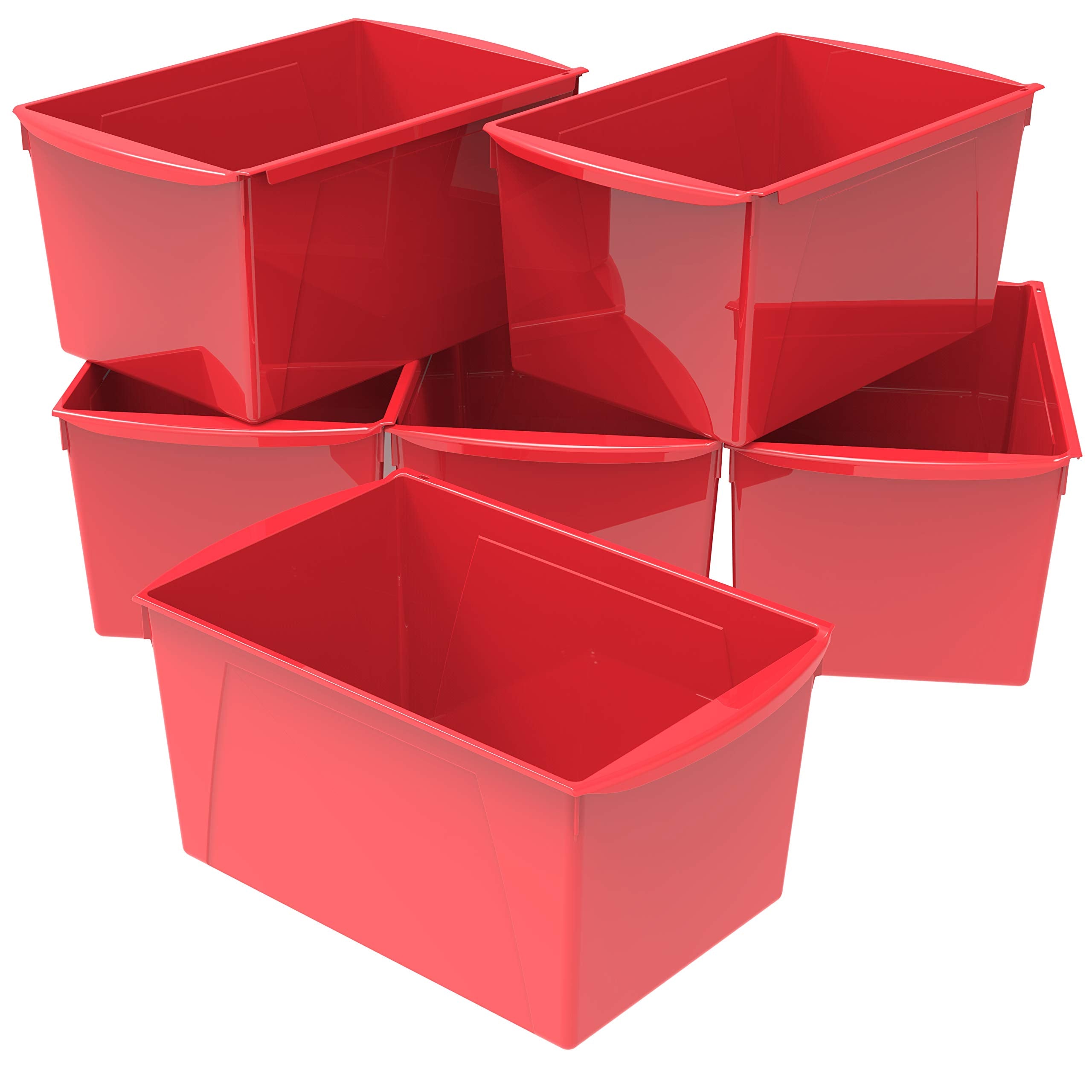 Storex Extra-Large Book Bin, Interlocking Plastic Organizer For Home, Office And Classroom, Red, 6-Pack (71131U06C)