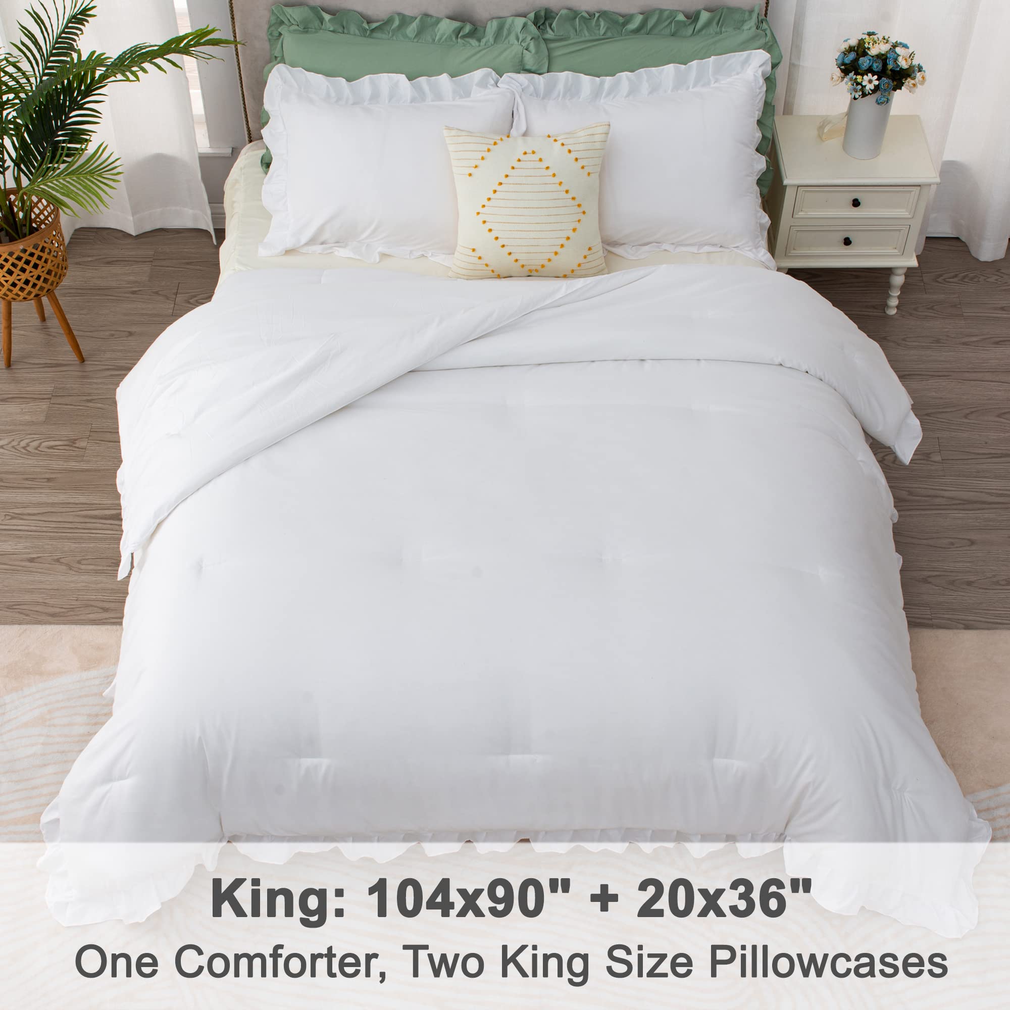 Litanika White Ruffle Comforter King Size, 3 Pieces Women Girl Farmhouse Vintage Aesthetic Bedding Set & Collections, Shabby Chi