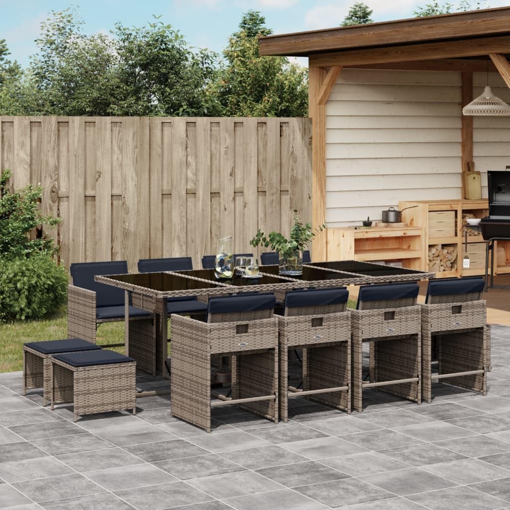 vidaXL Patio Dining Set with Cushions - 13 Piece, Gray Poly Rattan, Space-Saving Design, Weather-Resistant, Tempered Glass Tabletop