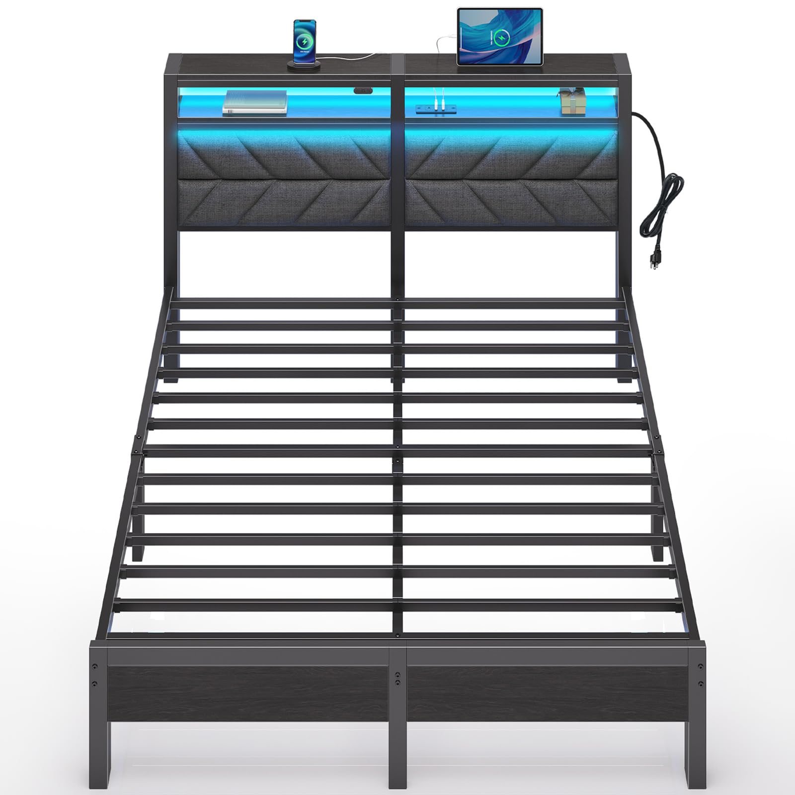 Seventable Bed Frame Queen Size With Charging Station, Led Bed With Upholstered Storage Headboard, Metal Platform Bed With Under Bed Storage, No Box Spring Needed, Noise Free, Easy Assembly, Grey