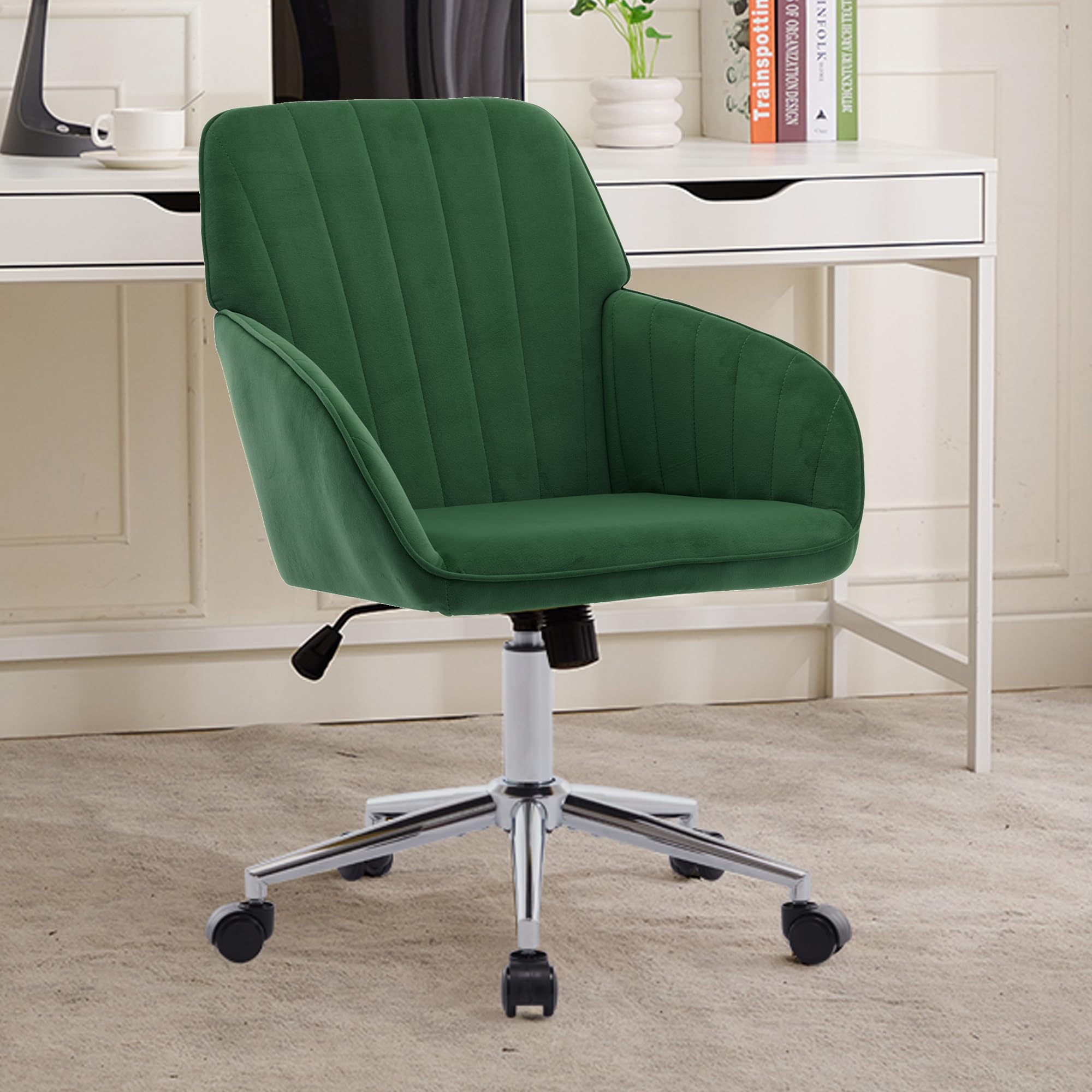 Yisheng Velvet Office Desk Chair With Silver Base, With Wheels,Modern Height Adjustable 360 Degree Swivel Upholstered Vanity Cha