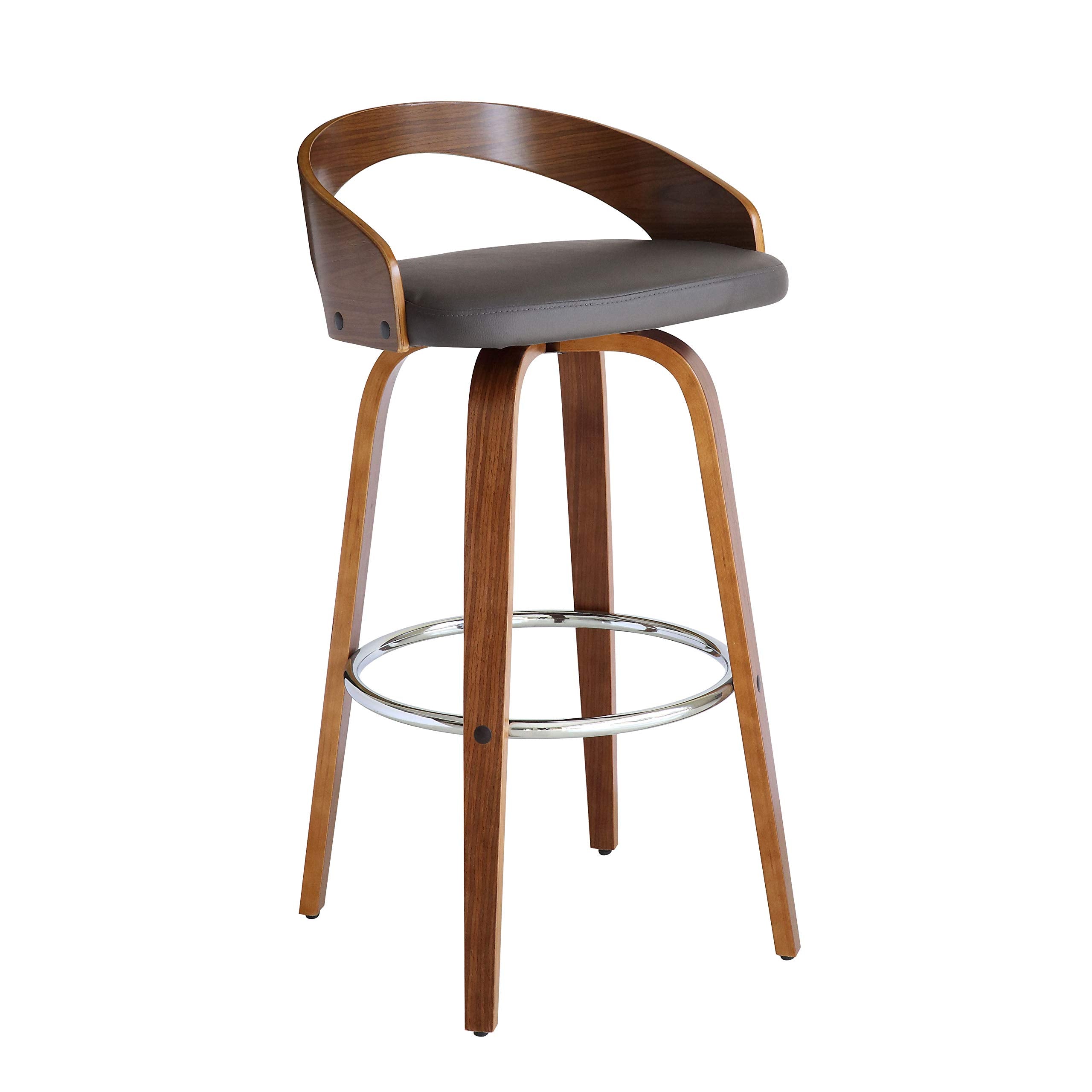 Armen Living Sonia Mid Century Modern Swivel Bar Stool For Kitchen Island Counter In Gray Faux Leather And Walnut Wood, 30' Seat Height
