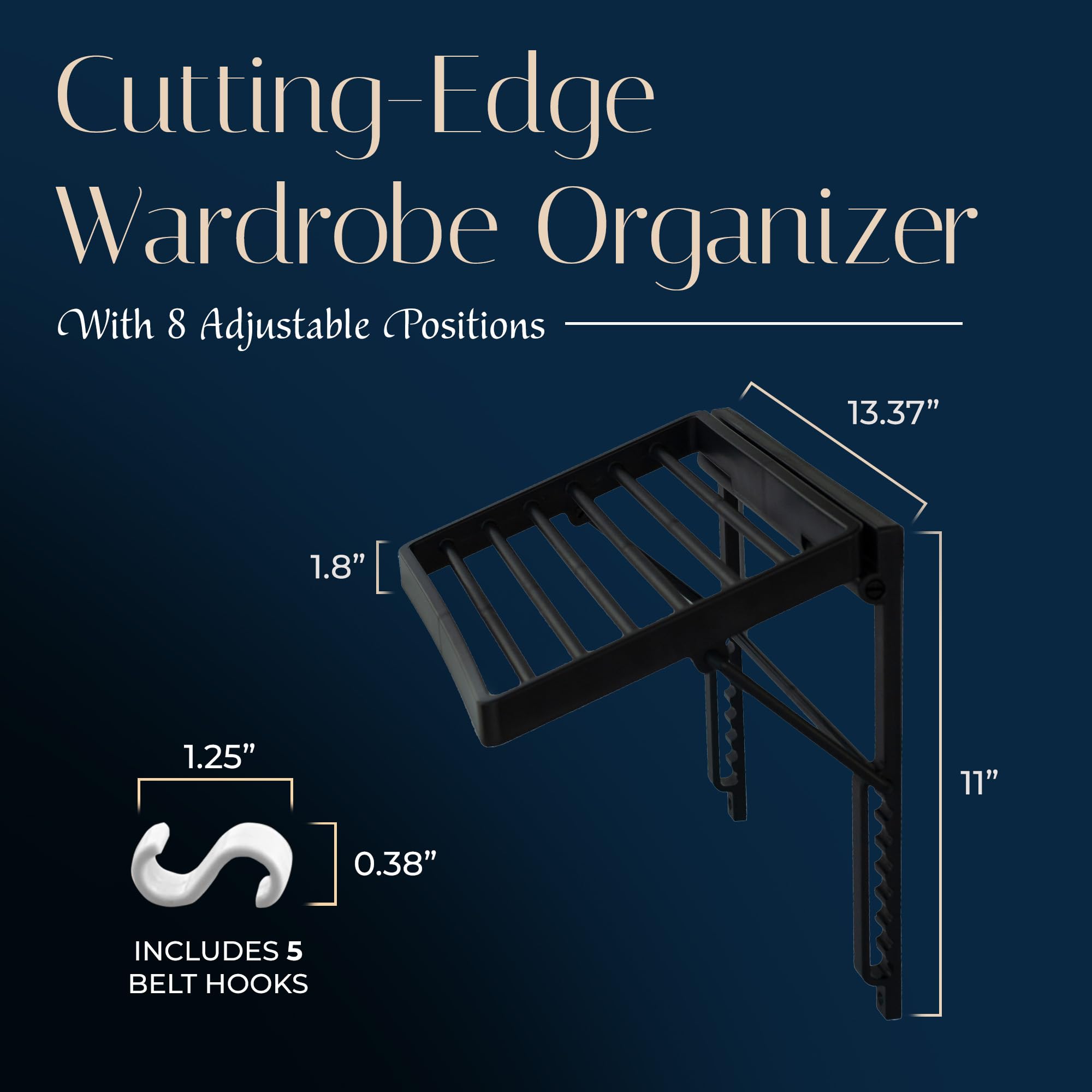 TieMaster Tie Rack and Scarf Organizer, Battery-Free, Holds 60 Ties and Scarves with 5 Belt Hooks, Plastic, Black
