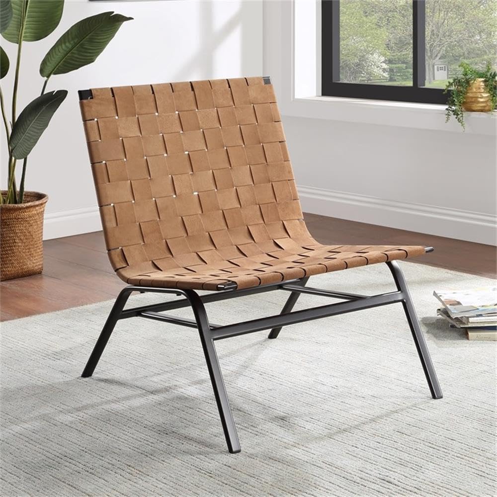 Comfort Pointe Cavett Woven Brown Leather Metal Frame Accent Chair
