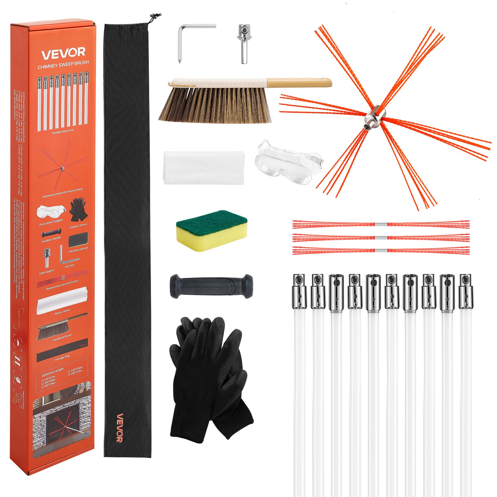 VEVOR Chimney Sweep Kit, 33 ft Maximum Extendable Length Chimney Brush, Chimneys Cleaning Kit with Bristle Replacements & Goggle