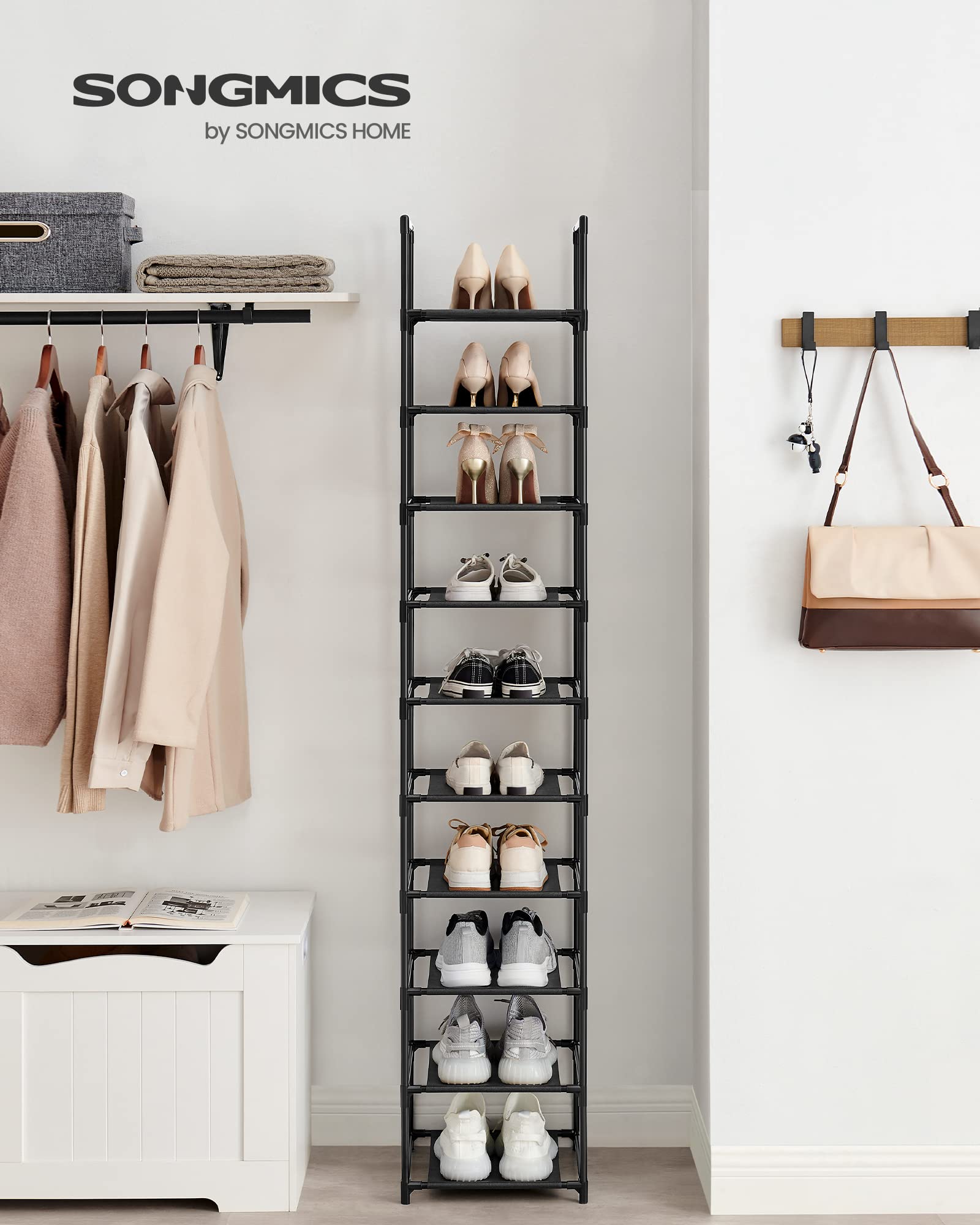 Songmics Shoe Rack, 10 Tier Shoe Shelf, Shoe Storage Organizer, Space-Saving, 13 X 13 X 68.1 Inches, Metal Frame, Non-Woven Fabric Shelves, For Entryway, Bedroom, Black Ulsr110B02