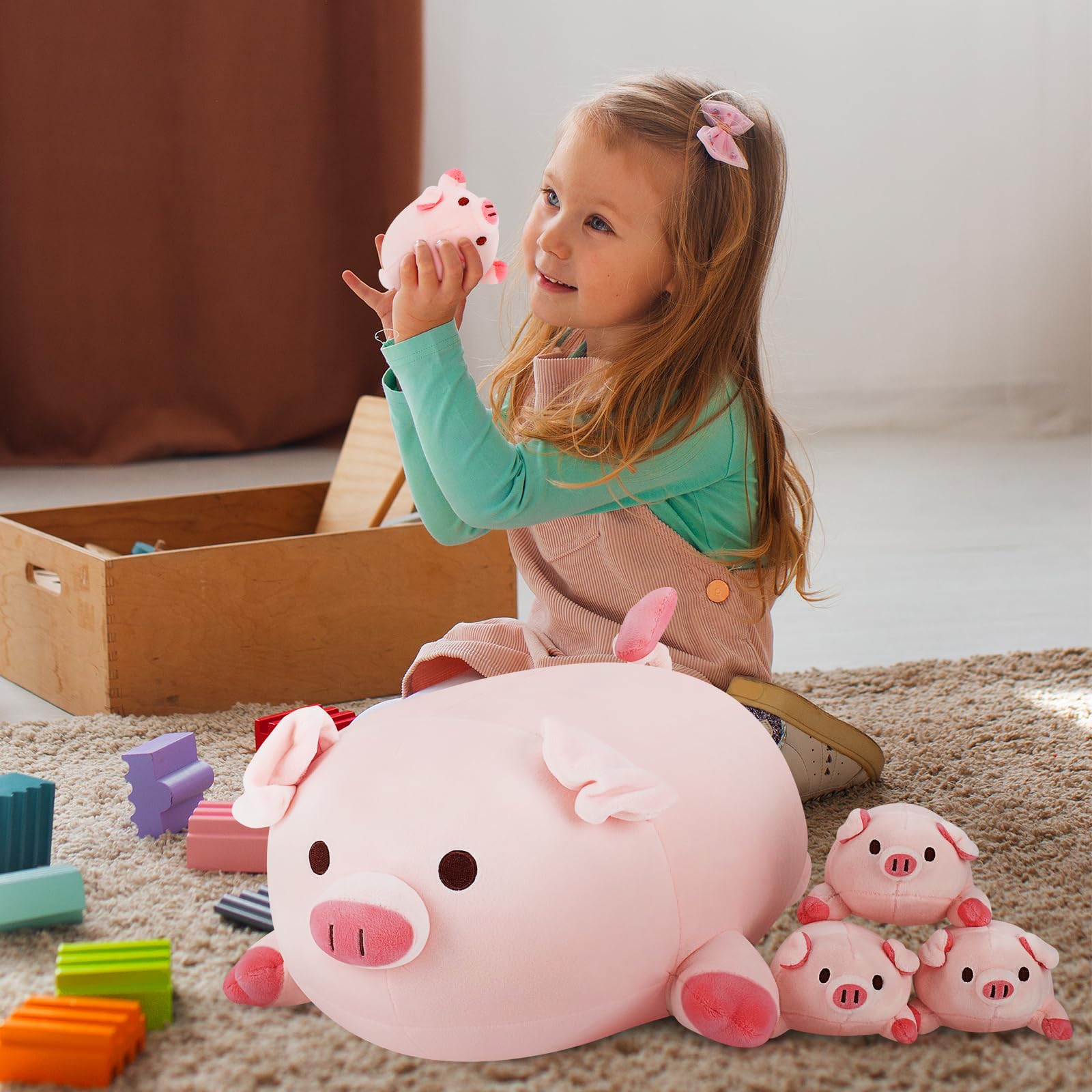 Achwishap Pig Family Stuffed Animal Set Mommy and 4 Babies Plush 16" Pink Fabric
