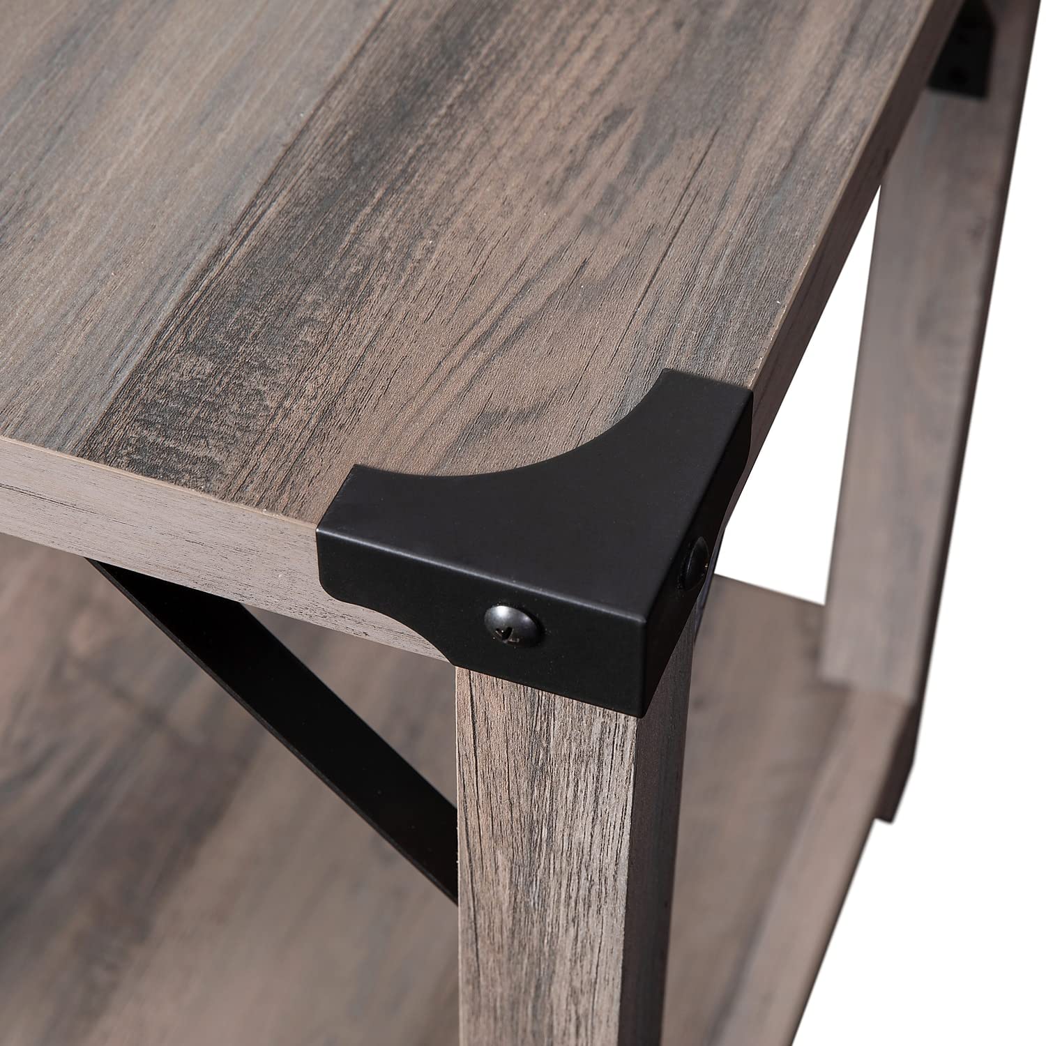 Flash Furniture Wyatt Modern Farmhouse 2 Tier Side Table - Gray Wash Engineered Wood Frame - Black Metal Crisscross Side Braces and Corner Accents