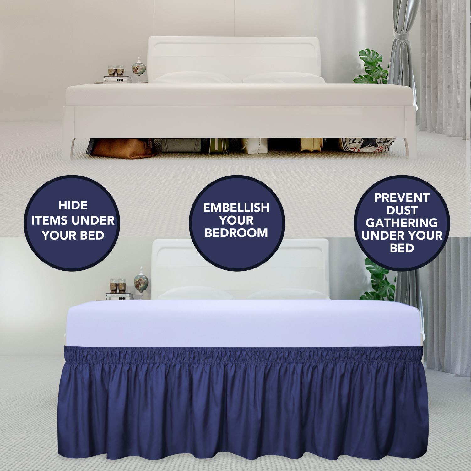 PureFit Navy Wrap Around Ruffled Bed Skirt - Adjustable Elastic Belt, 14 Drop, Easy to Install, Queen/King Size Bed Frame Cover