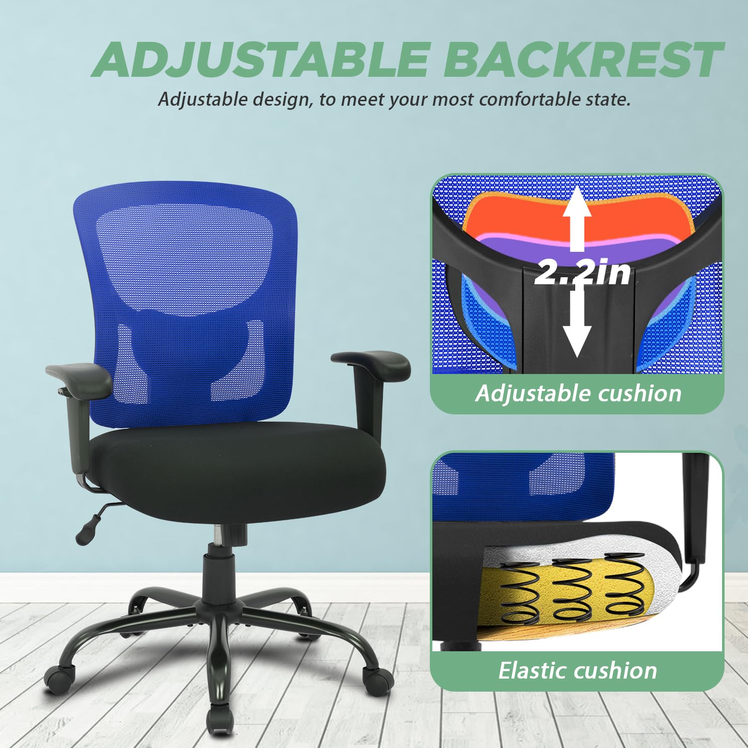 Bestoffice Big And Tall Office Chair 400Lbs Desk Chair Mesh Computer Chair With Lumbar Support Wide Seat Adjust Arms Rolling Swivel High Back Task Executive Ergonomic Chair For Home Office (Blue)
