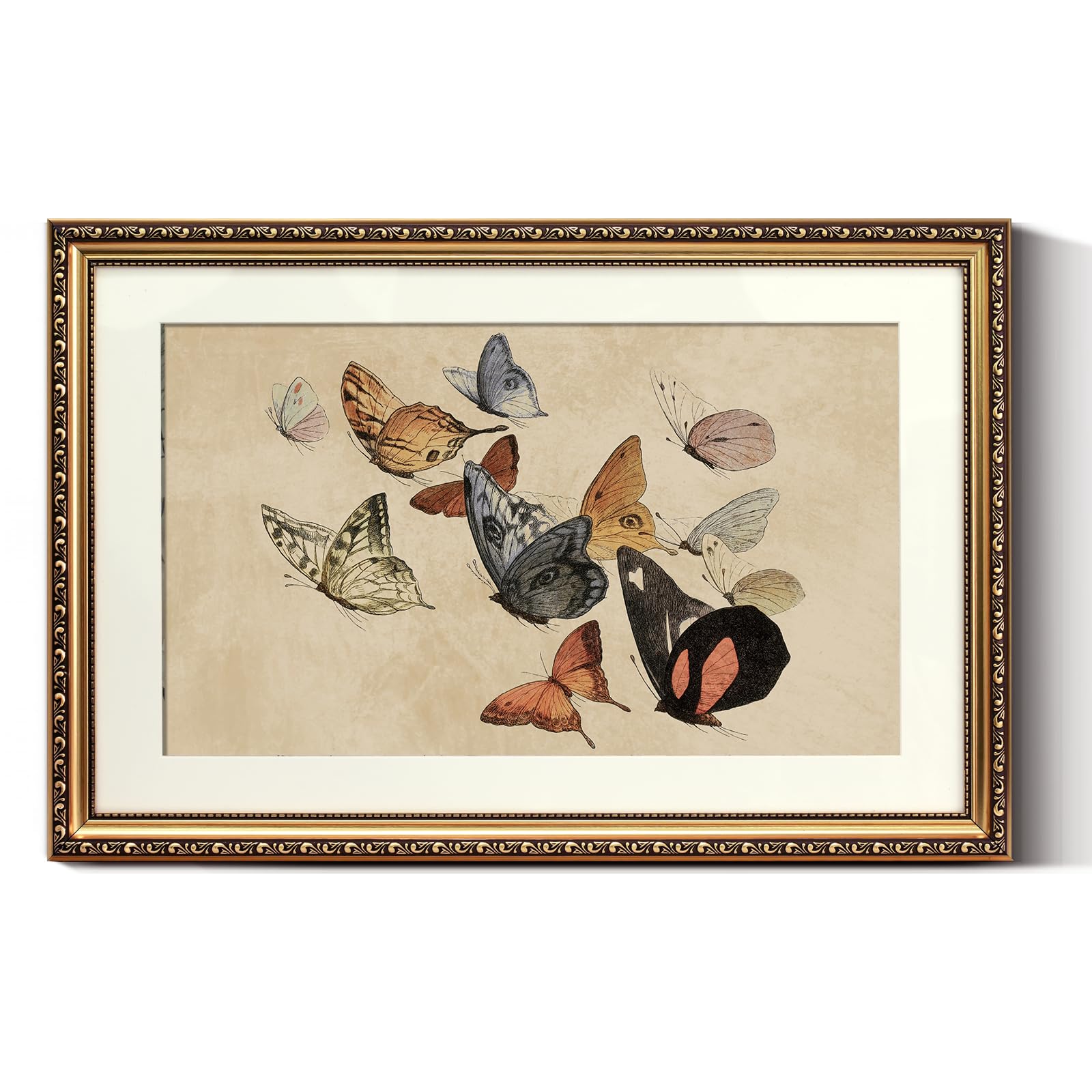 ARPEOTCY Vintage Gold Framed Large Wall Art, Classical Flying Butterflies Painting, Canvas Prints with Antique Picture Frame, Vi