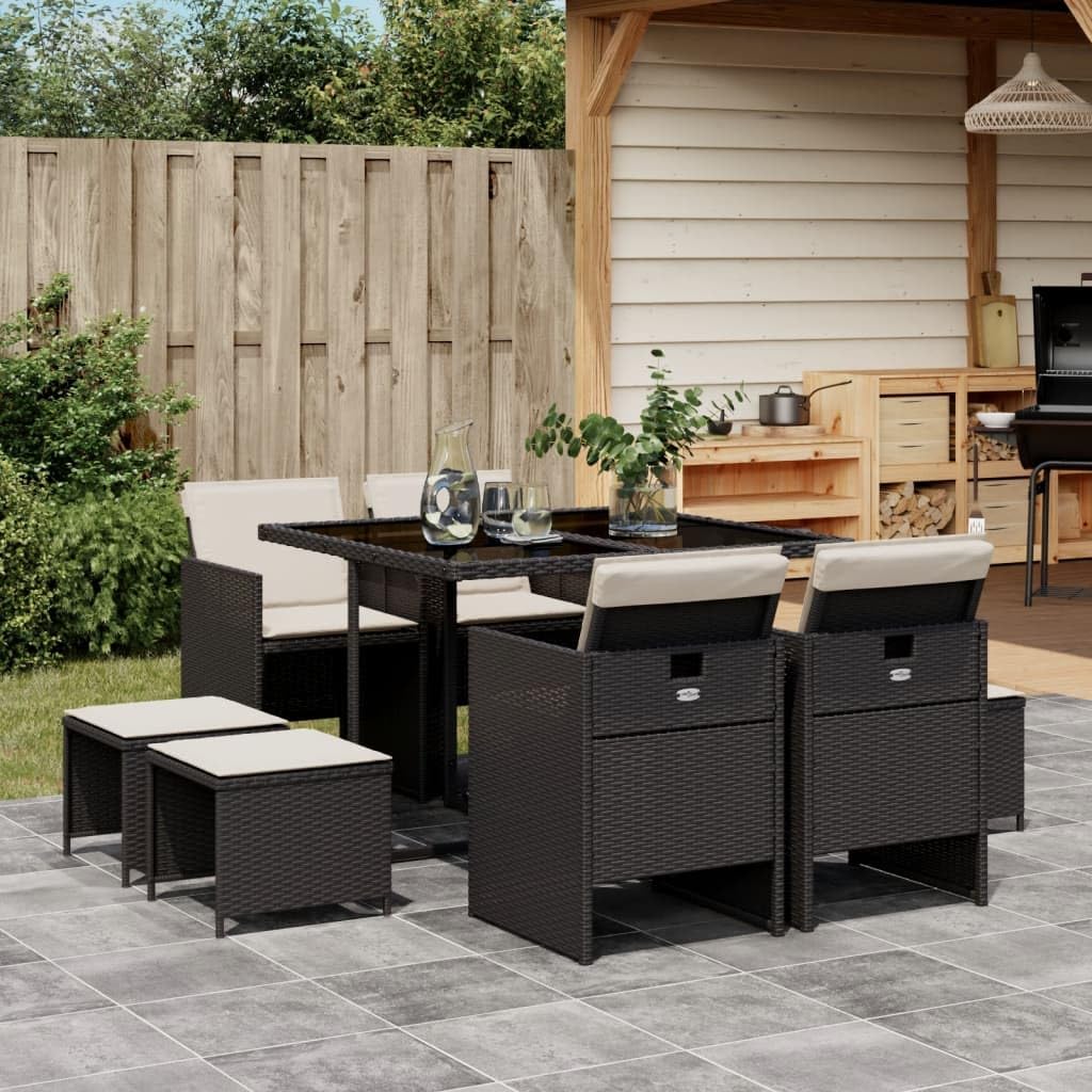 vidaXL 9-Piece Patio Dining Set with Cushions - Black Poly Rattan, Glass Top, Compact Storage, Indoor/Outdoor