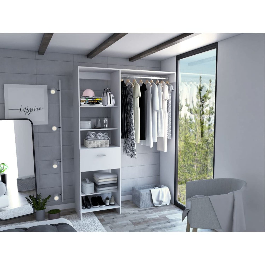 Dynamic 150 Closet System, 5 Open Shelves, 1 Drawer, 1 Metal Rod, White