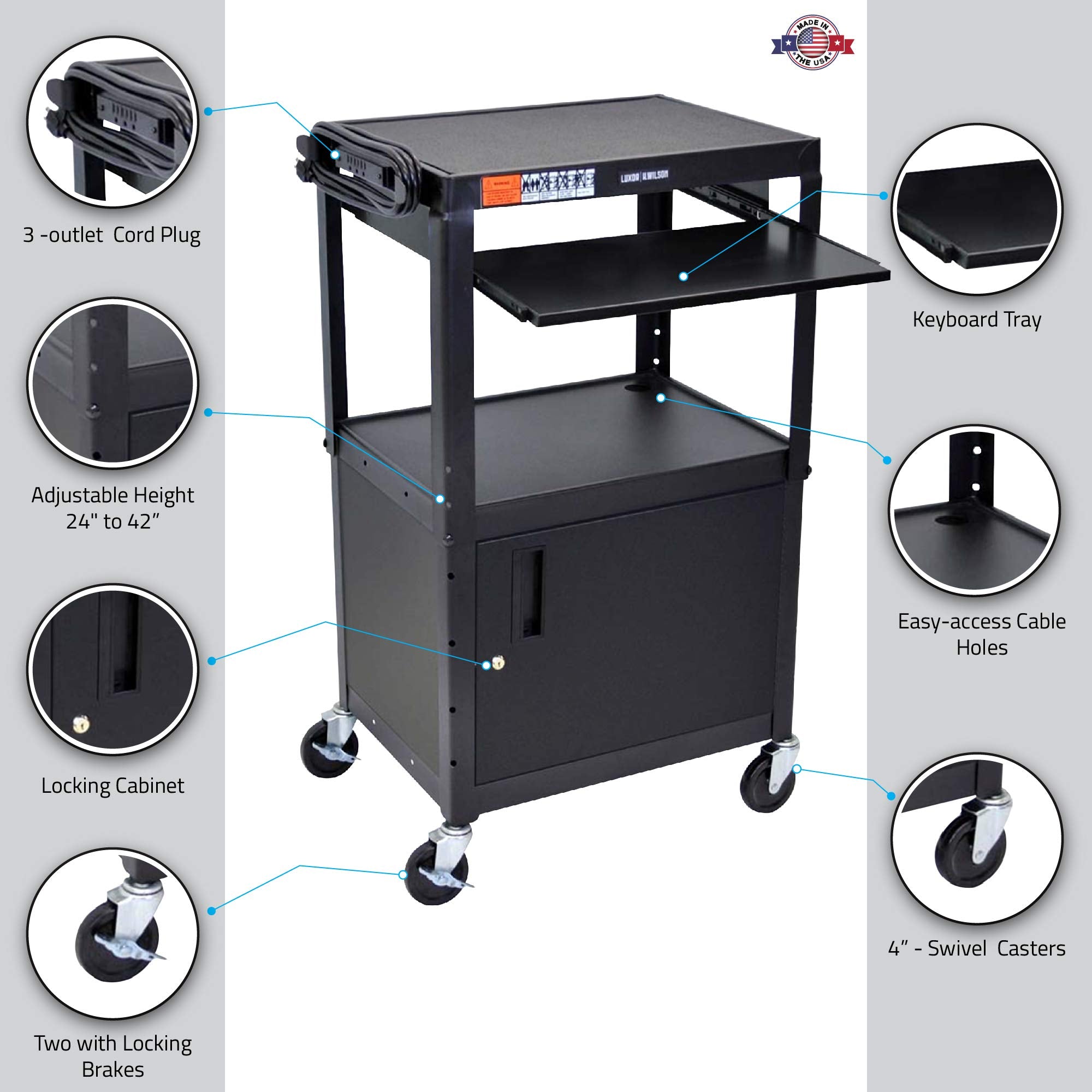 LUXOR AVJ42KBC Adjustable Steel A/V Cart - Cabinet with Pullout Trays
