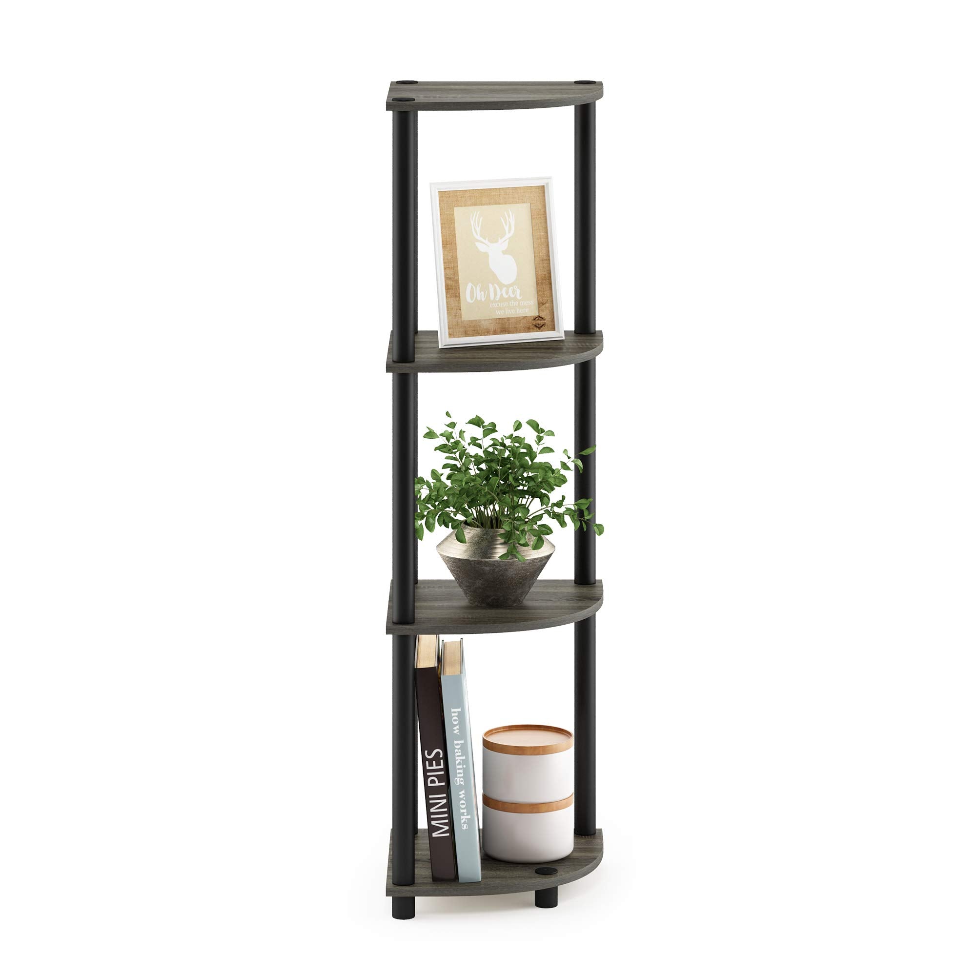 Furinno Turn-N-Tube 4-Tier Corner Display Rack Multipurpose Shelving Unit, French Oak Grey/Black