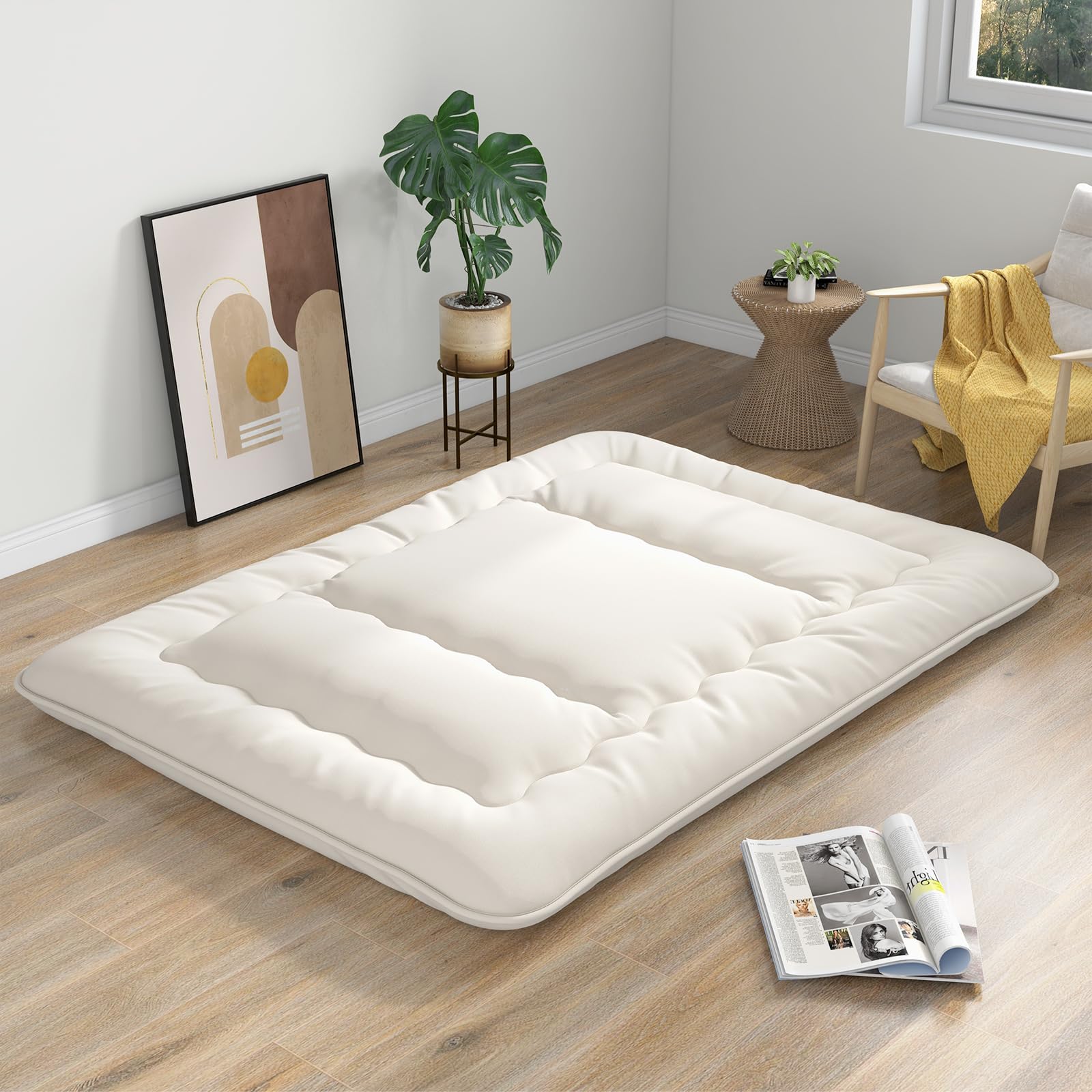 Giantex Japanese Floor Mattress Futon Mattress, Roll Up Mattress Tatami Mat With Washable Cover And Carry Bag, Foldable & Portable Sleeping Pad For Dormitory Camping, Floor Lounger Bed, Queen