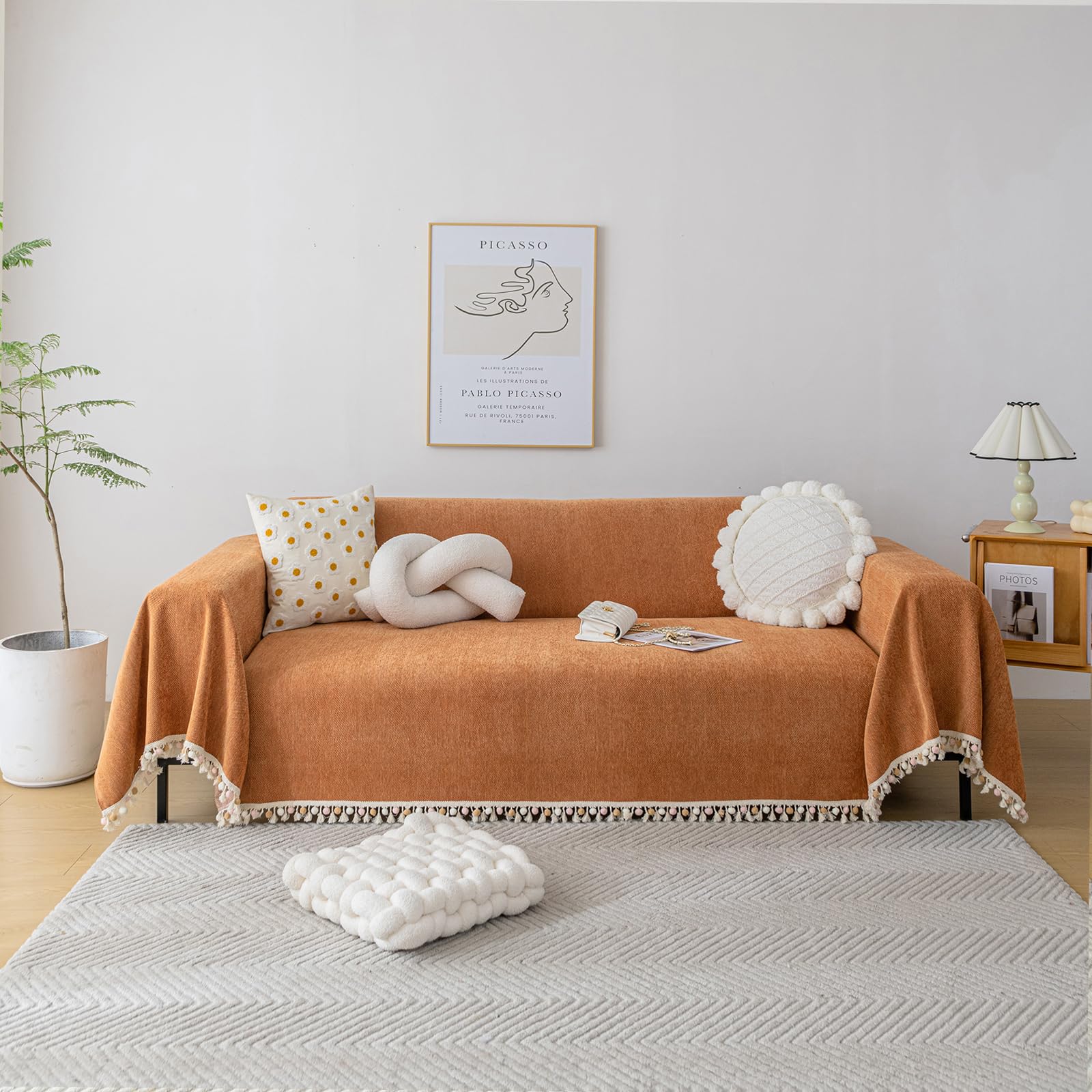 Handontime Dark Orange Sofa Covers Couch Cover For Dogs Colorful Tassel Sofa Seat Cover Lovetseat Cover Pet Couch Cover Bohemian Sofa Cover For Couch Vintage Boho Couch Covers Futon Cover, 71' X118'