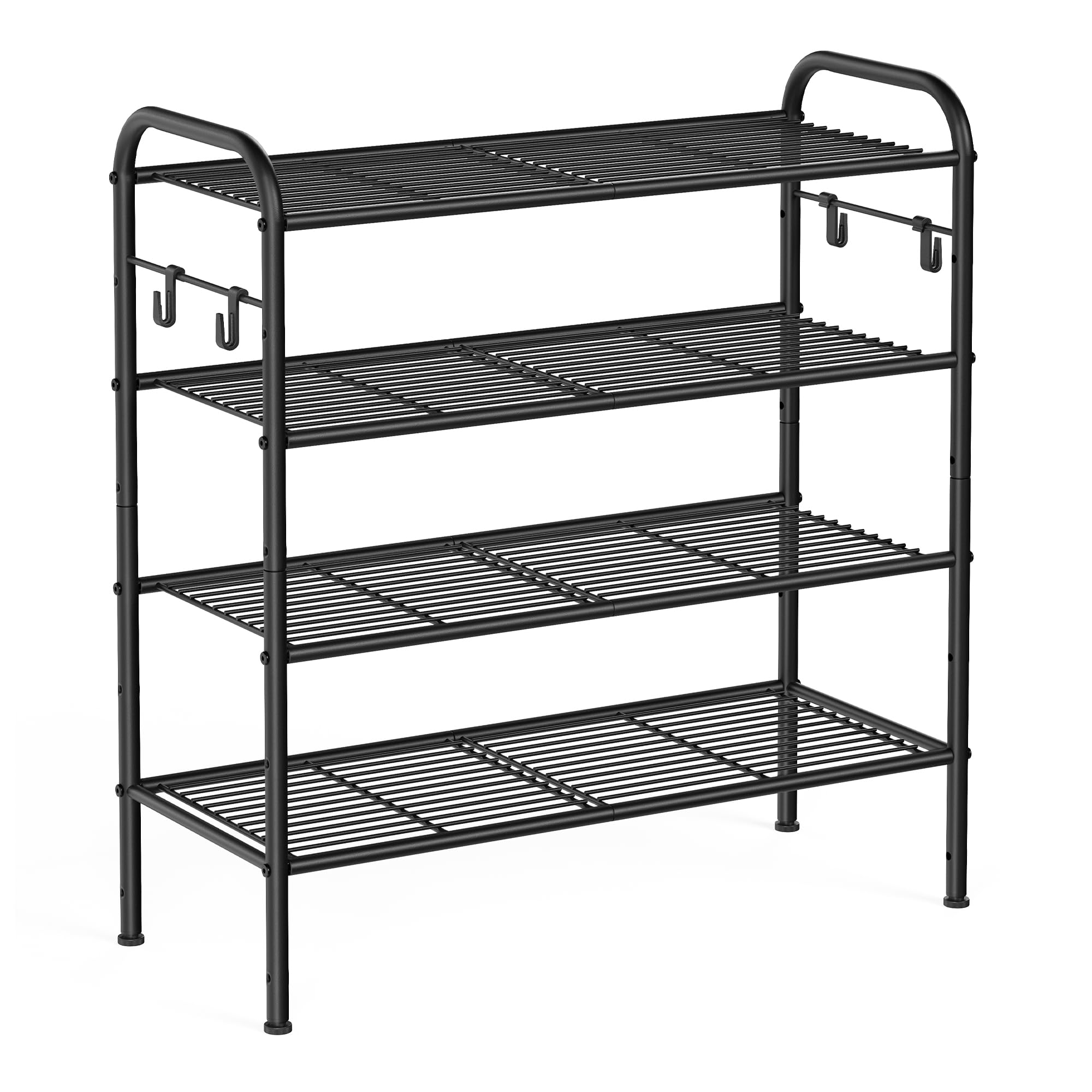 Songmics Shoe Rack, 4-Tier Shoe Organizer, Metal Shoe Shelf Storage With 4 Side Hooks, Holds 16 Pairs Of Shoes, Height-Adjustable Shoe Rack For Entryway, Hallway, Closet, Easy Assembly, Ink Black