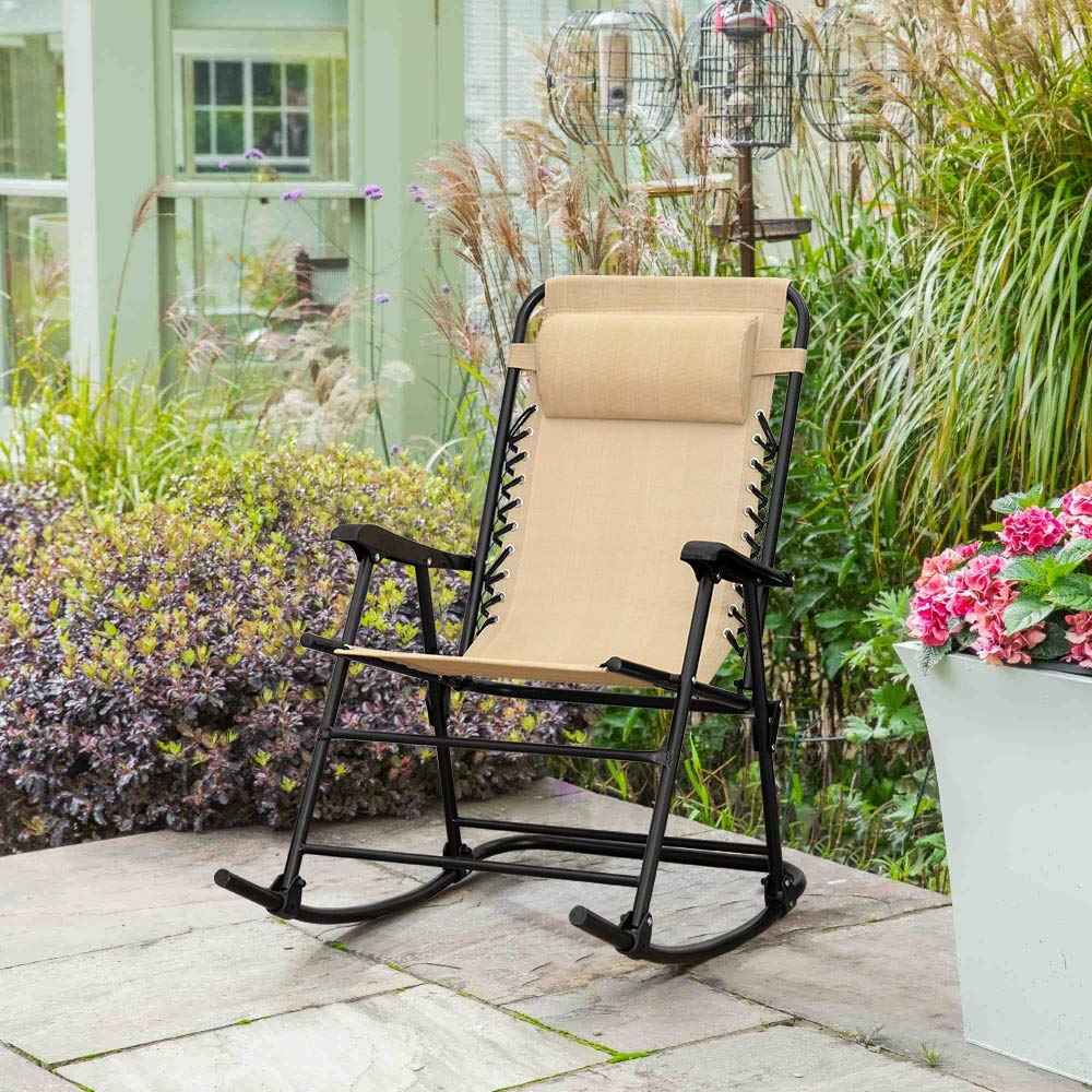 Flamaker Patio Rocking Chair Zero Gravity Chair Outdoor Folding Recliner Foldable Lounge Chair Outdoor Pool Chair For Patio, Poolside And Camping (Beige)