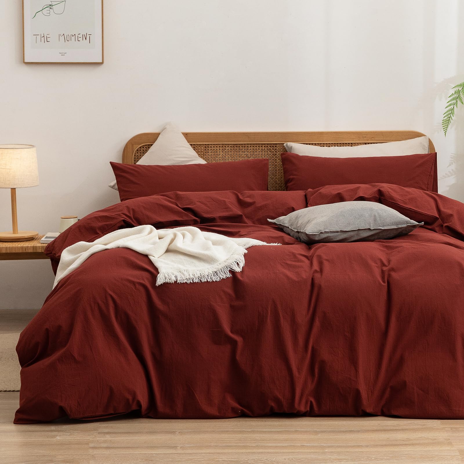 Bestouch Duvet Cover Set 100% Washed Cotton Linen Feel Super Soft Comfortable Chic Lightweight 3 Pcs Home Bedding Set Solid Fire