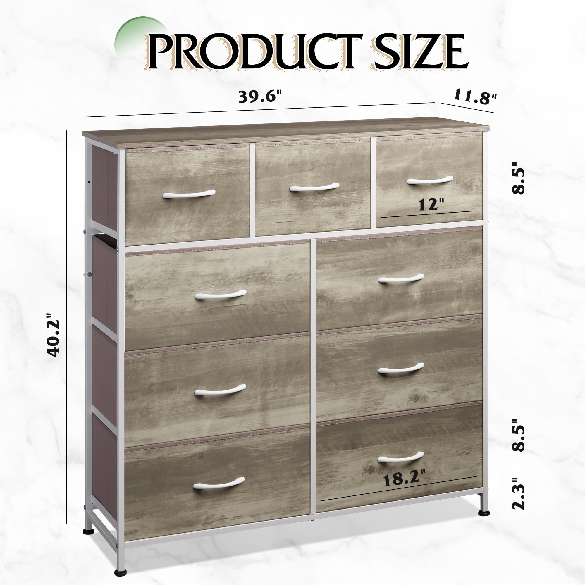 Wlive 9-Drawer Dresser, Fabric Storage Tower For Bedroom, Hallway, Nursery, Closet, Tall Chest Organizer Unit With Fabric Bins, Steel Frame, Wood Top, Easy Pull Handle, Greige