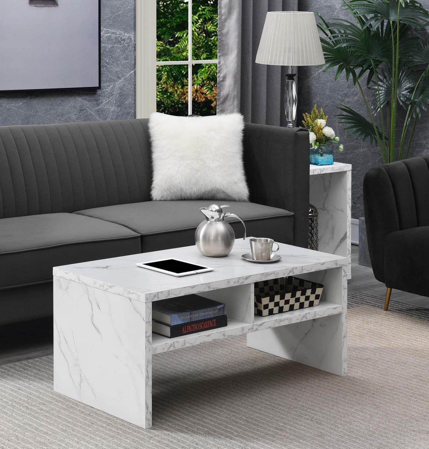 Convenience Concepts Northfield Admiral Deluxe Coffee Table with Shelves, White Faux Marble