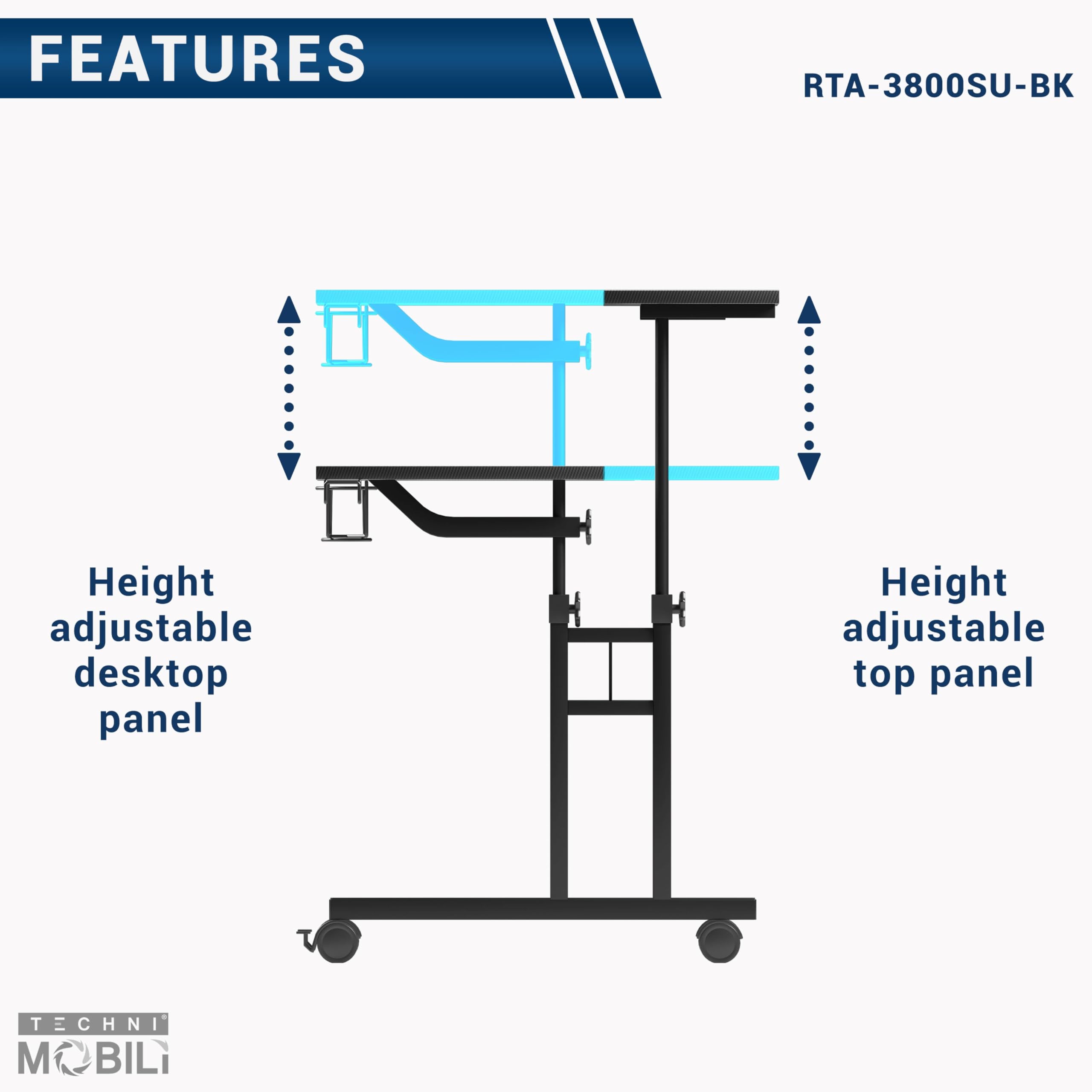 Techni Mobili Rolling Standing Desk, Two-Tier Height Adjustable Mobile Office or Gaming Desk with Wheels and Cup Holder, for Sitting or Standing Setups Black