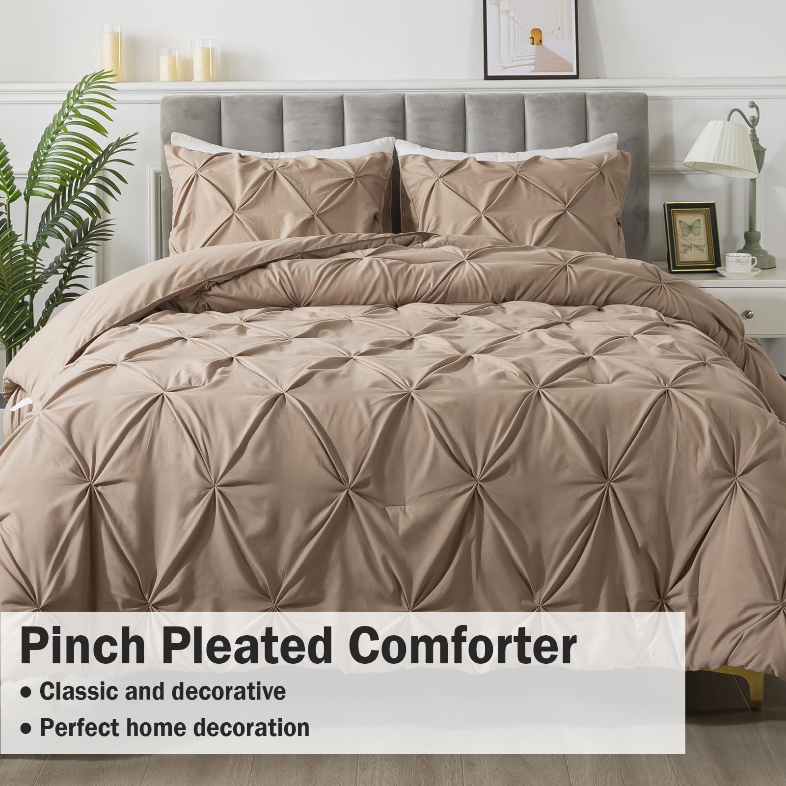 Andency California King Comforter Set Taupe (104X96Inch), Pinch Pleat Cal King Comforter Set 3 Pieces, Oversized King Pintuck Bed Comforter, Microfiber Down Alternative Comforter Bedding Set