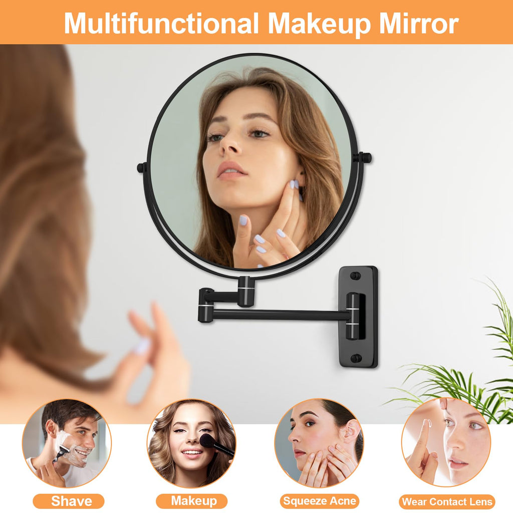 Ffowcye 8' Wall Mounted Magnifying Makeup Mirror, 1X/10X Double-Sided Shaving Mirror, 360 Swivel Mirror Wall Mount, Extendable