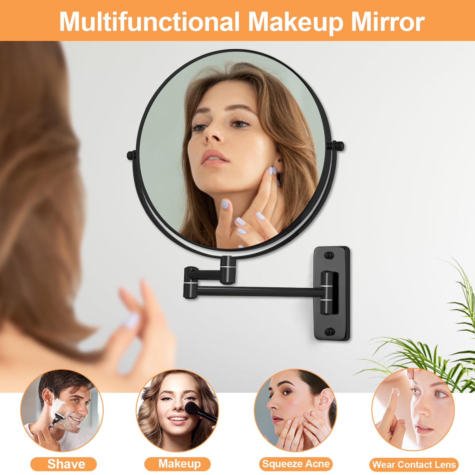 Ffowcye 8' Wall Mounted Magnifying Makeup Mirror, 1X/10X Double-Sided Shaving Mirror, 360 Swivel Mirror Wall Mount, Extendable