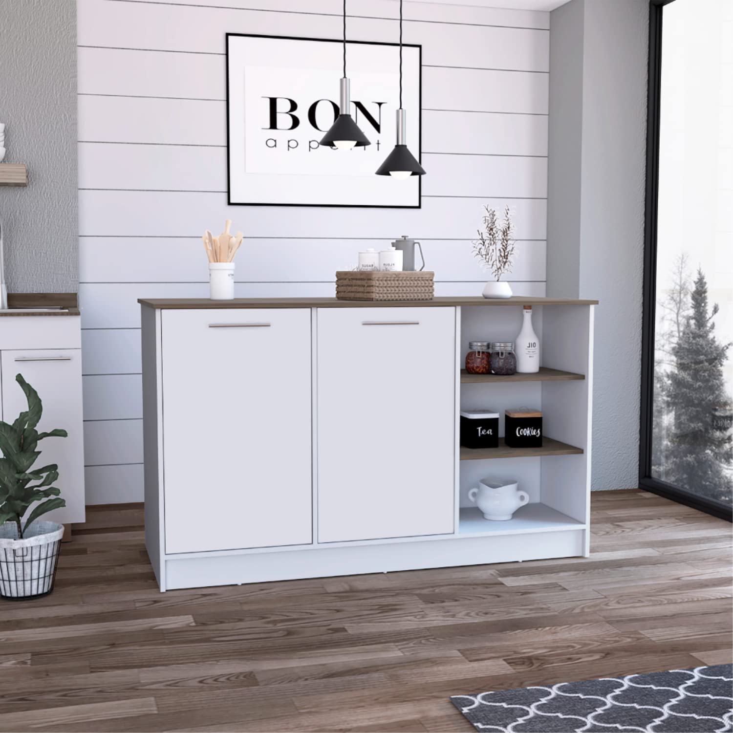 DEPOT E-SHOP Mars Kitchen Island with Two Cabinets and Three Open Shelves, White/Dark Brown - Kitchen