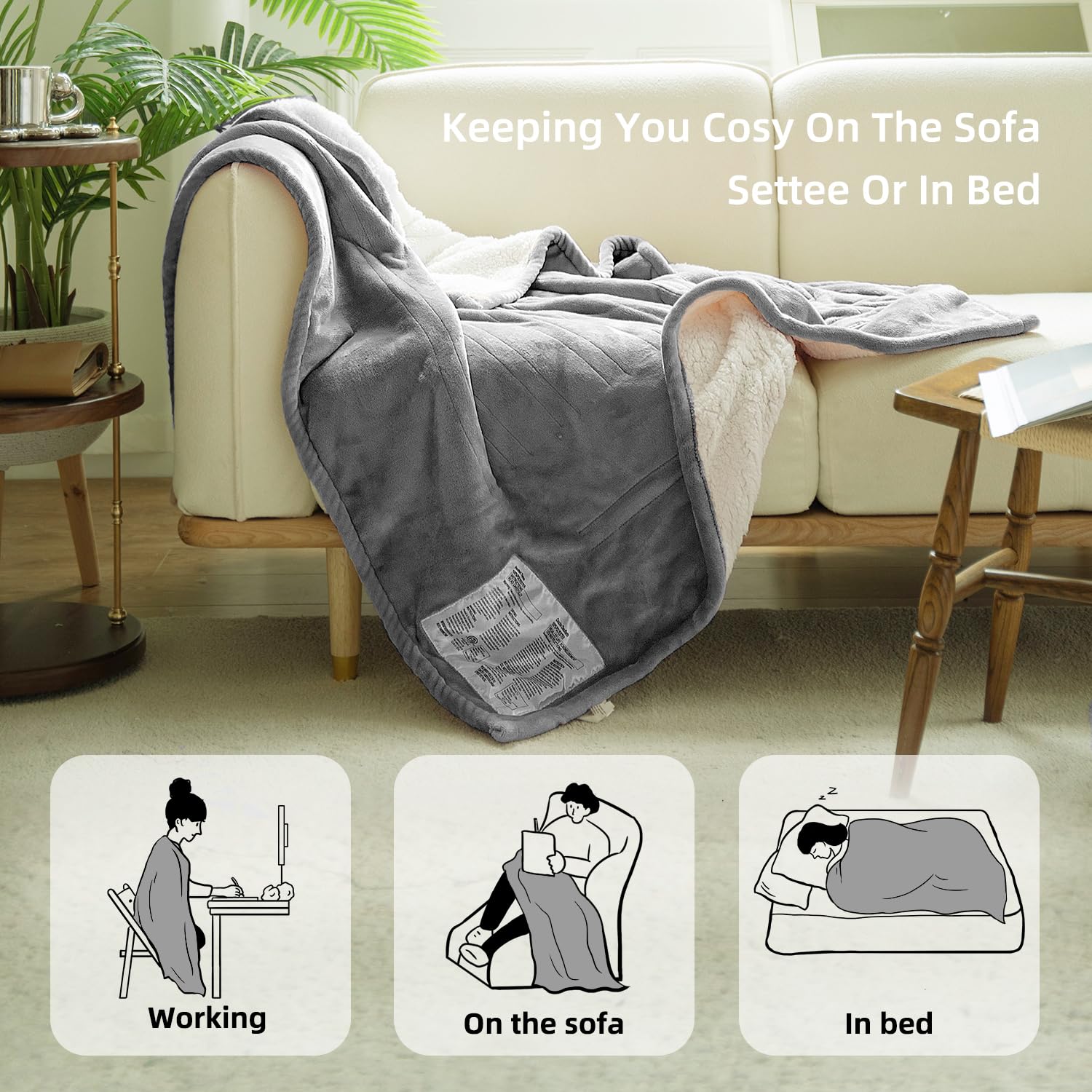 Gotcozy Heated Blanket Electric Throw 50''X60''- Soft Silky Plush Electric Blanket With 4 Heating Level & 3 Hour Auto Off Heating Blanket, Etl Certified Machine Washable (Grey)