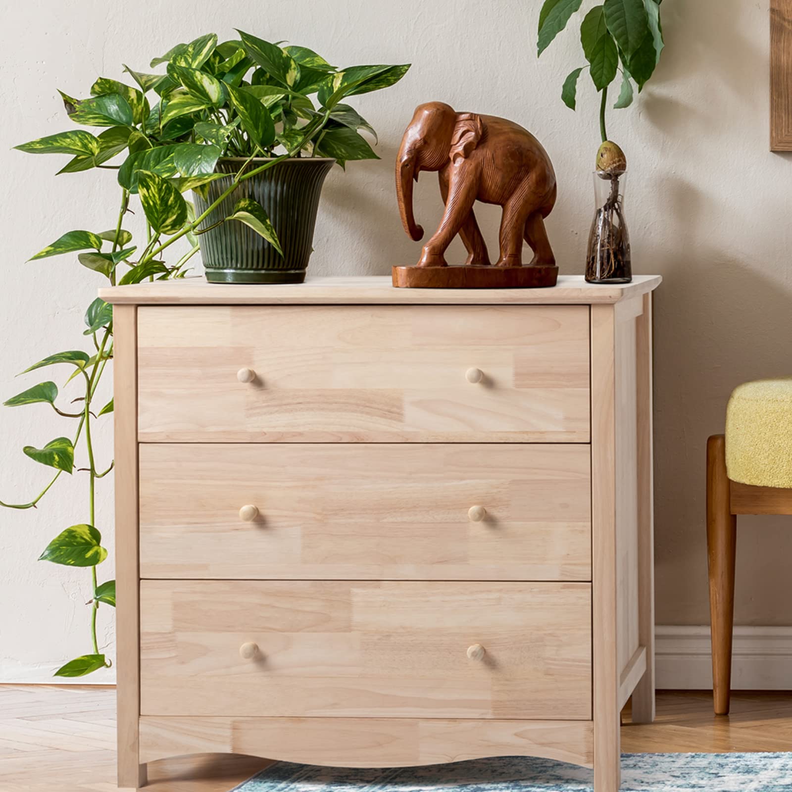 VINGLI Unfinished Solid Wood Dresser Color DIY, 3 Drawer Dresser for Bedroom, Natural Rubber Wood Chest of Drawers, Baby Dresser