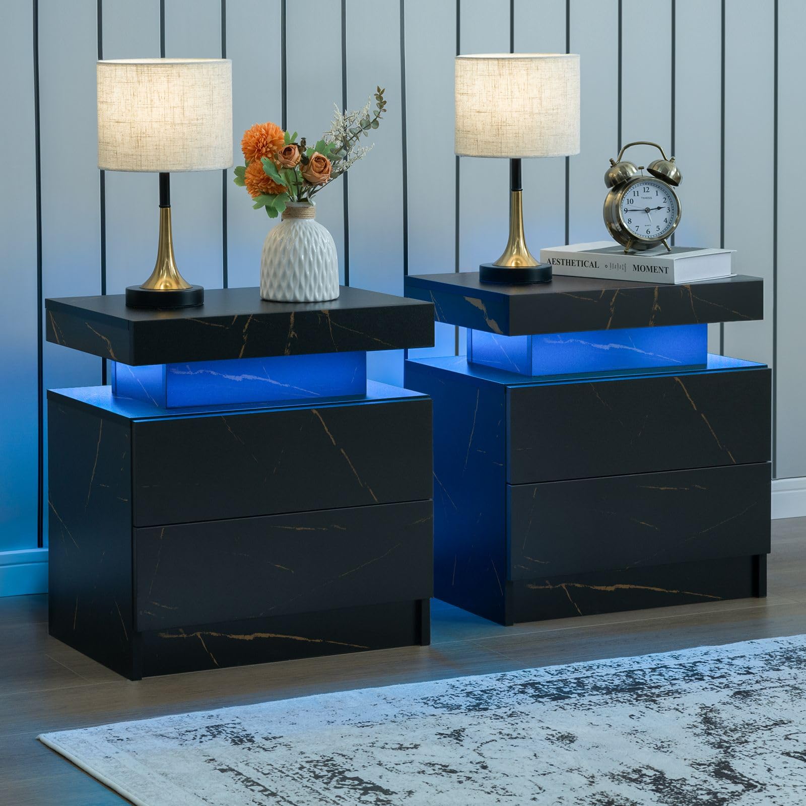 I-Aplus Led Nightstand Led Bedside Table With 2 Drawers, Wooden Cabinet Unit With Led Lights For Bedroom, End Table Side Table For Bedroom Living Room…
