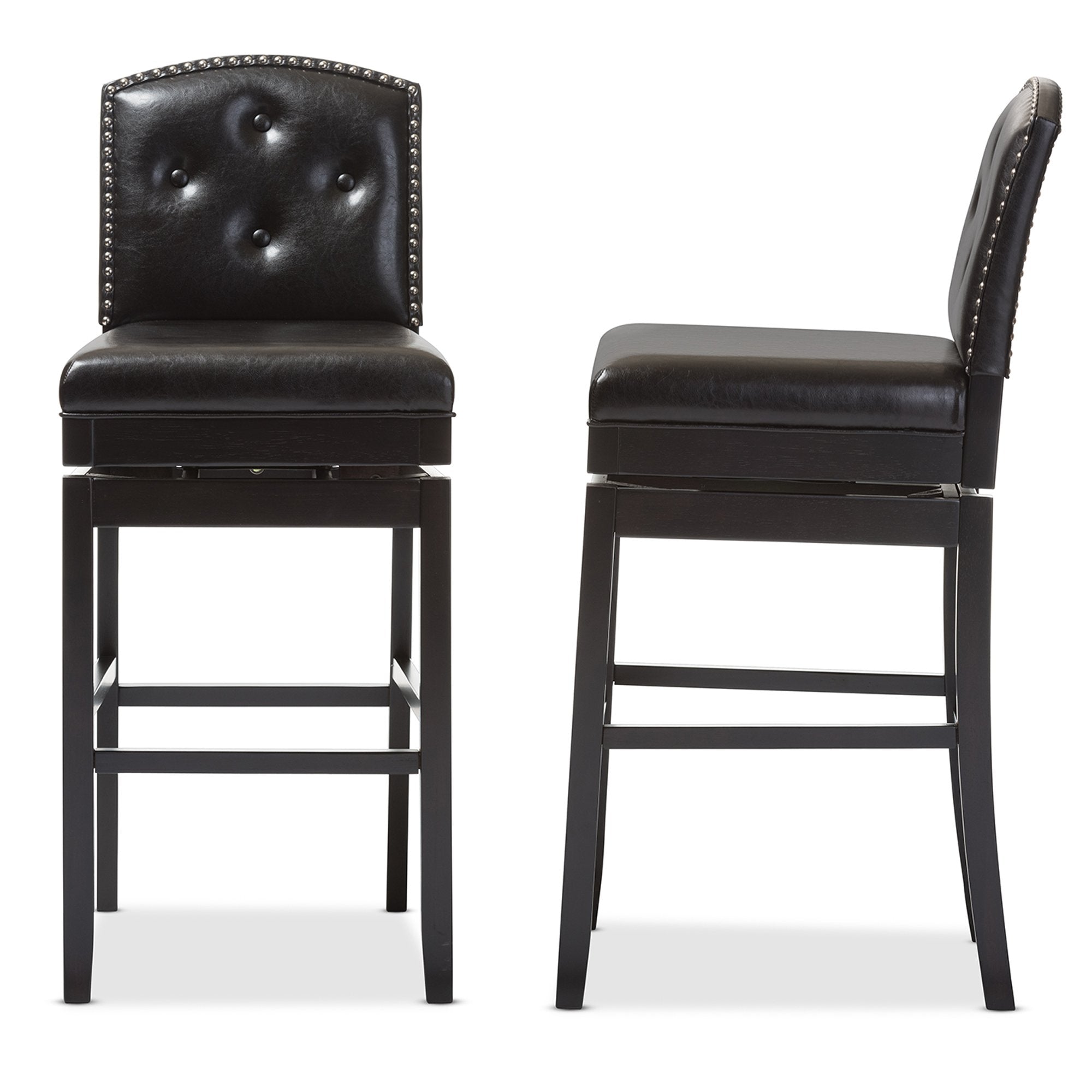 Baxton Studio Ginaro Modern & Contemporary Faux Leather Button-Tufted Upholstered Swivel Bar Stool (Set of 2), Dark Brown