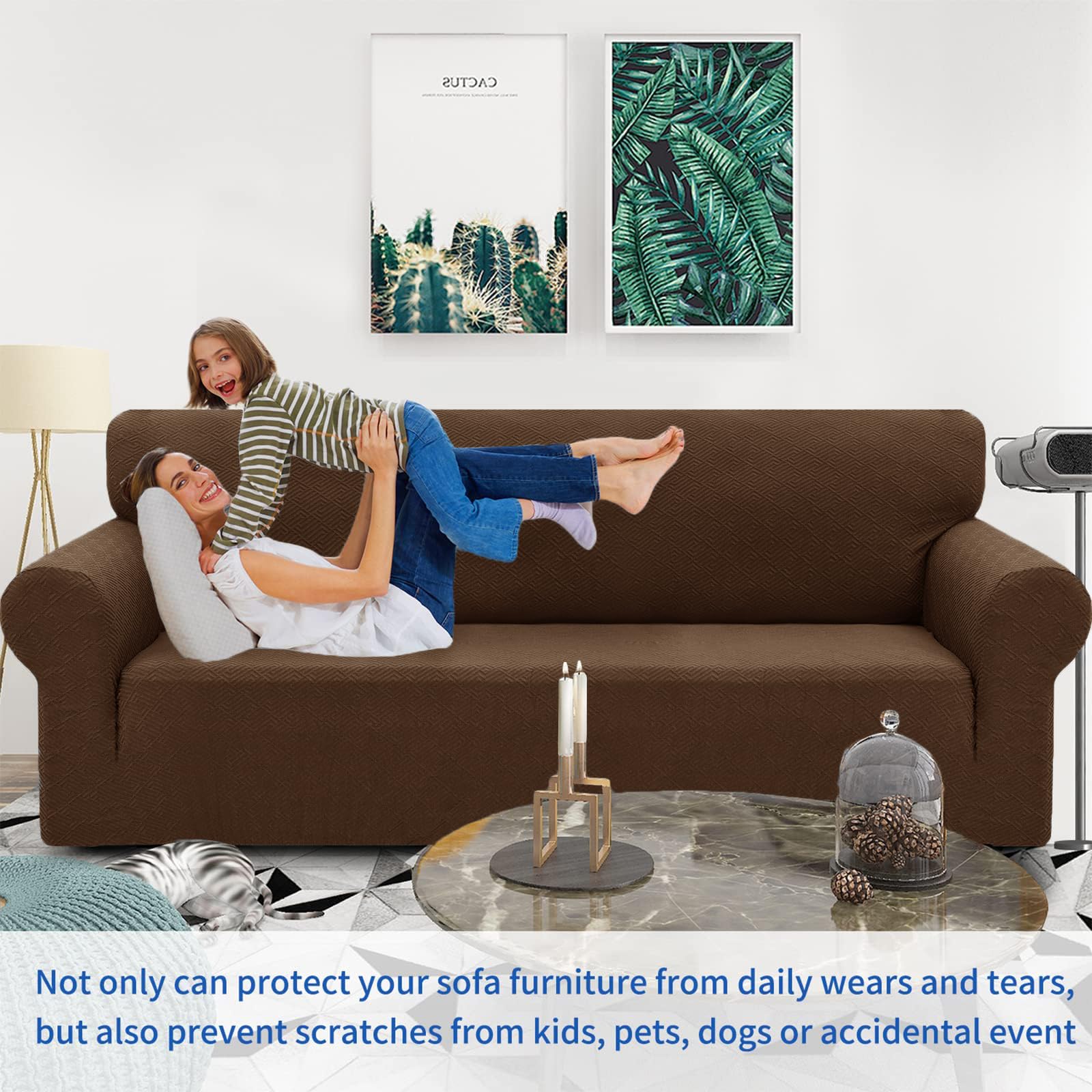 Znsayotx 1 Piece Jacquard Couch Covers For 3 Cushion Couch Living Room High Stretch Sofa Cover Pets Dogs Friendly Anti Slip Thickened Slipcovers Furniture Protector (Large, New Pattern Coffee)