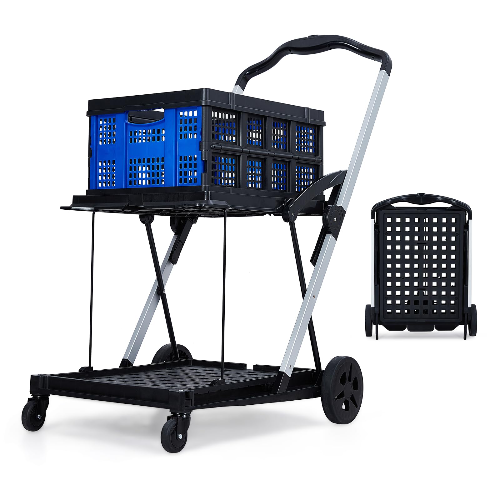 2 Tier Folding Shopping Carts for Groceries, 198 LB Capacity, Collapsible Portable Grocery Cart with Wheels & Removable Crate, L