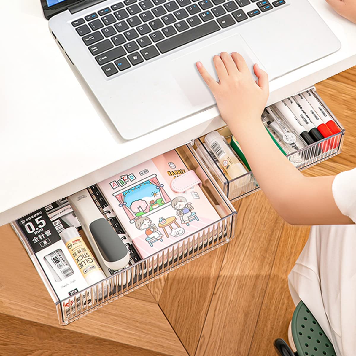 2Pcs Under Desk Storage Drawers Slide Out,Large&Medium,Stick On Desk Drawer Under Desk,Under Desk Organizer Hidden Under Table D