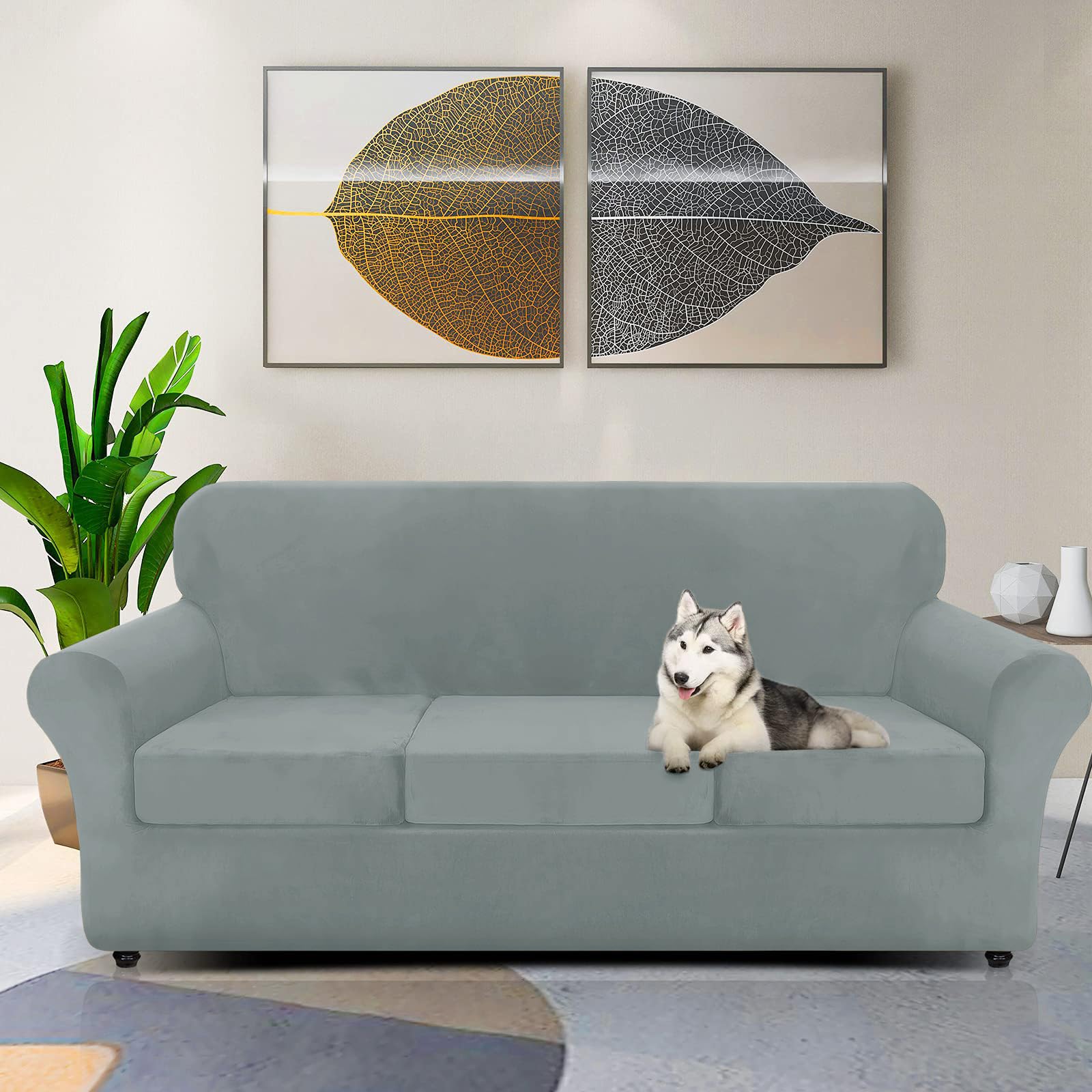 Znsayotx Luxury Velvet Couch Cover 4 Piece Stretch Oversized Sofa Covers For 3 Cushion Couch Thick Soft Large Sofa Slipcover Anti Slip Dogs Pet Furniture Protector (Light Grey), 91'-110'(3 Cushions)