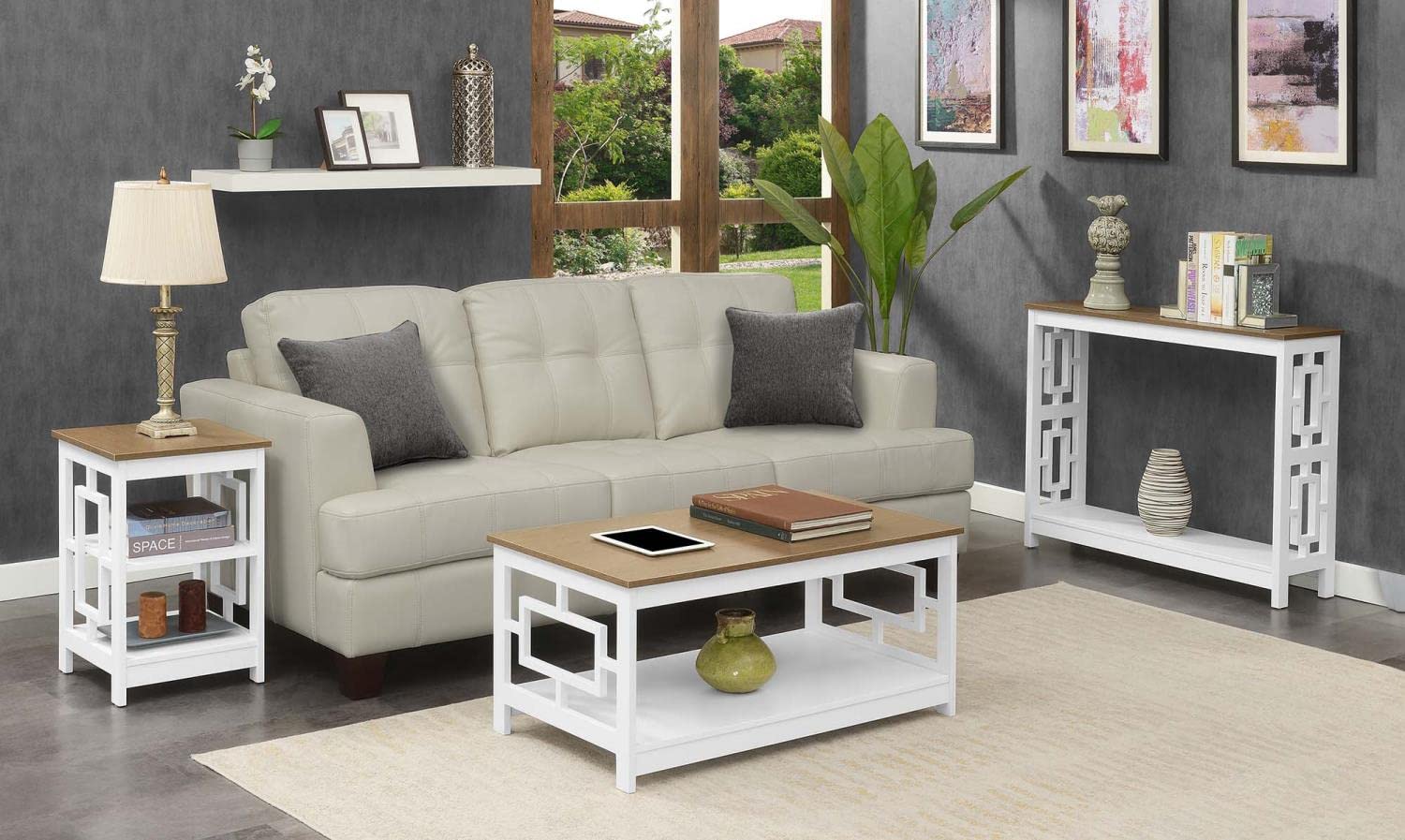 Convenience Concepts Town Square End Table with Shelves, Driftwood/White