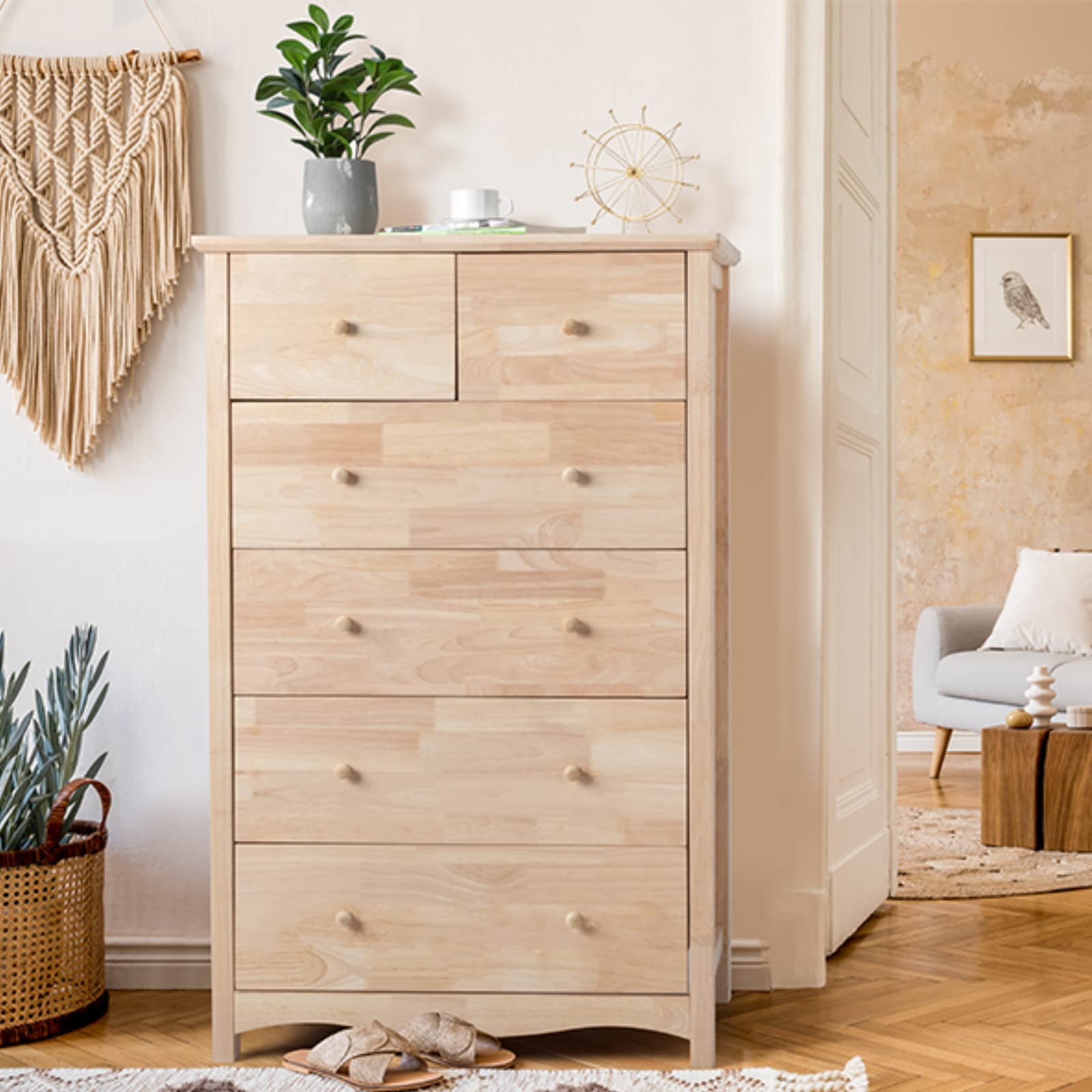 VINGLI Unfinished 6 Drawer Dresser, Natural Solid Wood Dresser Color DIY, Upgraged Rustic Farmhouse Tall Dresser with Spacious S
