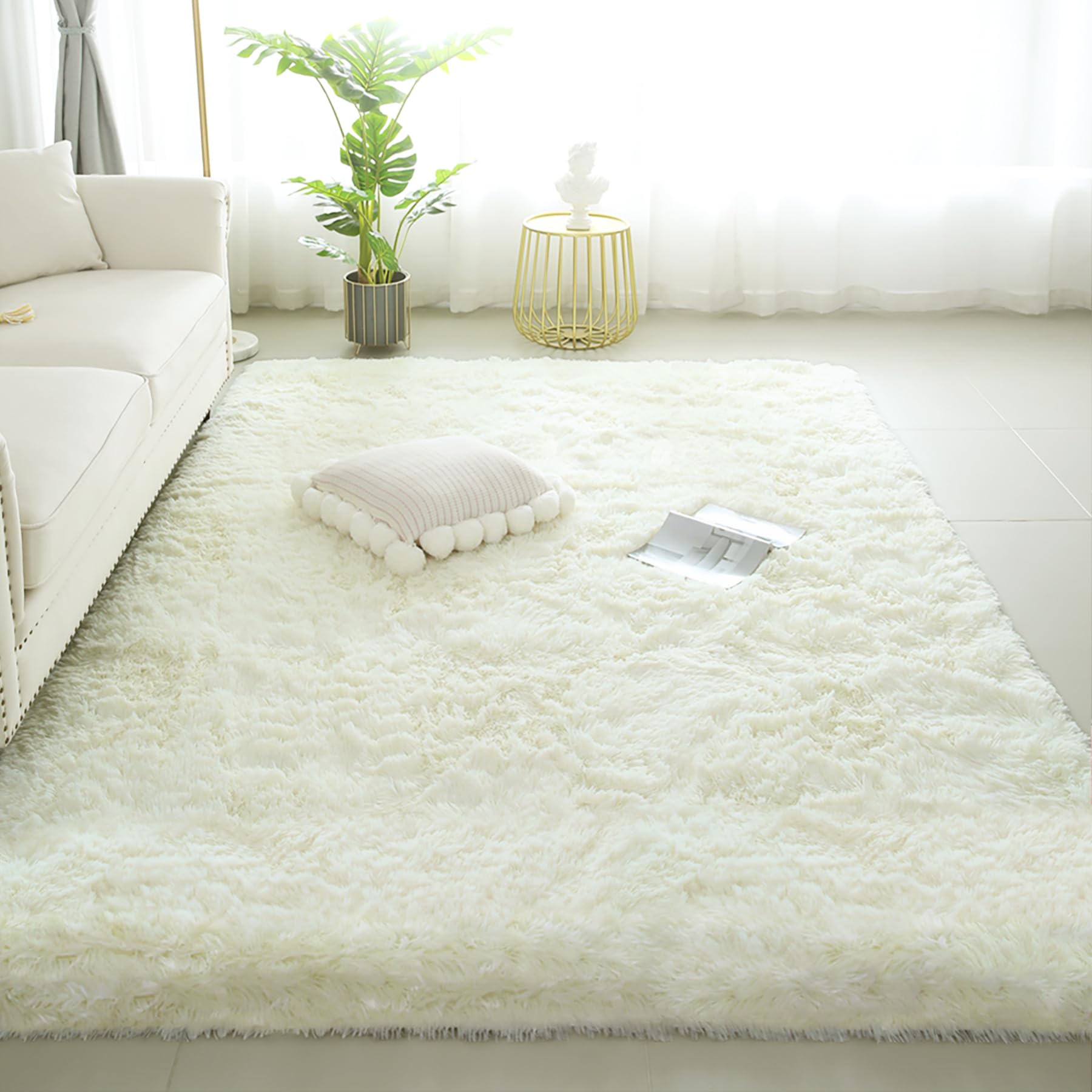 KCHOWUA Cream Fluffy Area Rugs for Living Room,6x9ft,Machine Washable Plush Furry Fuzzy Off White Large Rug for Bedroom,Modern S