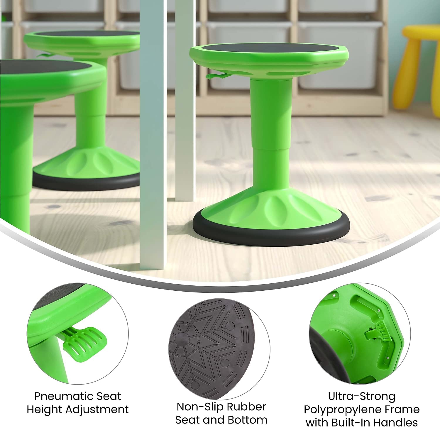 Flash Furniture Carter Adjustable Height Active Learning Stool for Classrooms, Backless Wobble Stool with 360-Degree Swivel, 14" - 18" H, Green